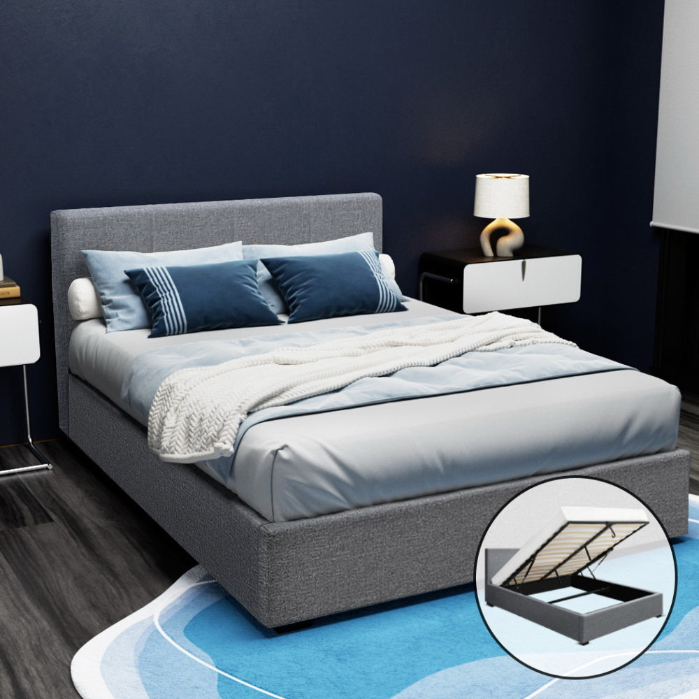 Elwood Grey Gas Lift Storage Double Bed Frame - Queen/King Size, Underbed Storage Solution for Small Spaces & Bedroom Organization