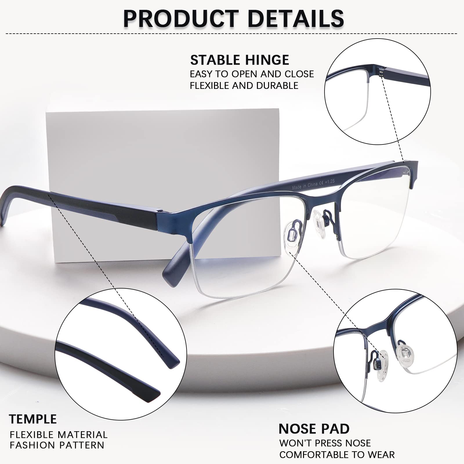 Blue Light Blocking Reading Glasses for Men - Progressive Multifocal Computer Glasses with Spring Hinge & Half Metal Frame - Perfect for Office Work, Screen Use, and Daily Reading