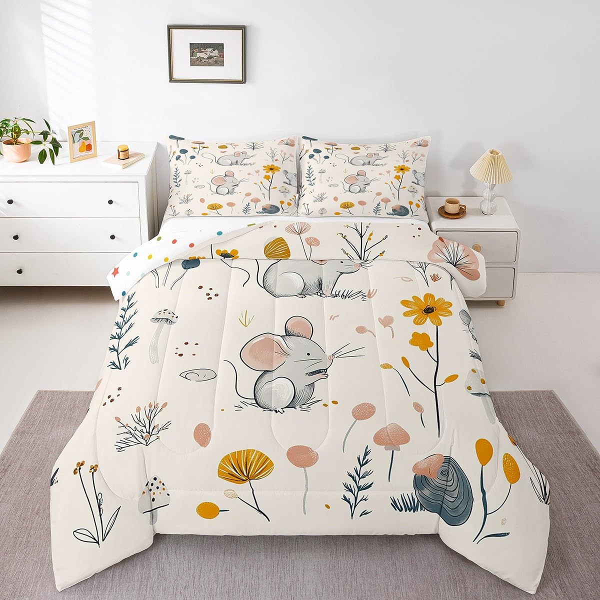 **Cute Cartoon Mouse Comforter Set Full Size - Rat Lover Bedding with Mushroom & Cherry Blossom Design - Soft Down Duvet Insert for Kids, Boys & Girls - Perfect for Bedroom, Dorm & Nursery Decor**    *(Use Case: Ideal for cozy sleepovers, themed bedrooms, dorm room upgrades, or as a charming gift for kids who love animals and nature-inspired decor.)*