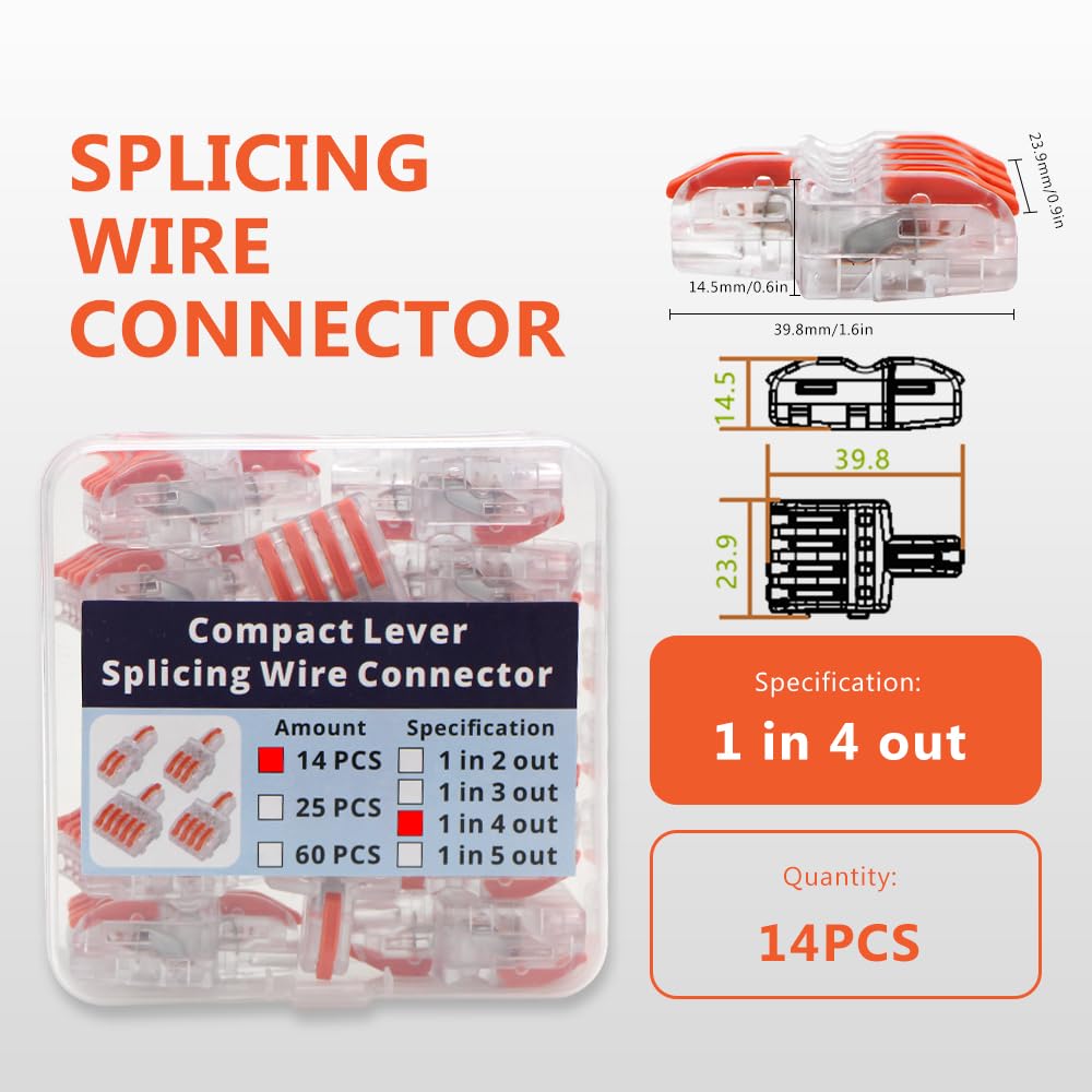1 in 4 Out Lever Wire Connectors - 5 Port Quick Connect Electrical Splicing Connectors with Orange Handle (14 Pcs) - Ideal for Home Wiring, DIY Electrical Projects & Automotive Repairs