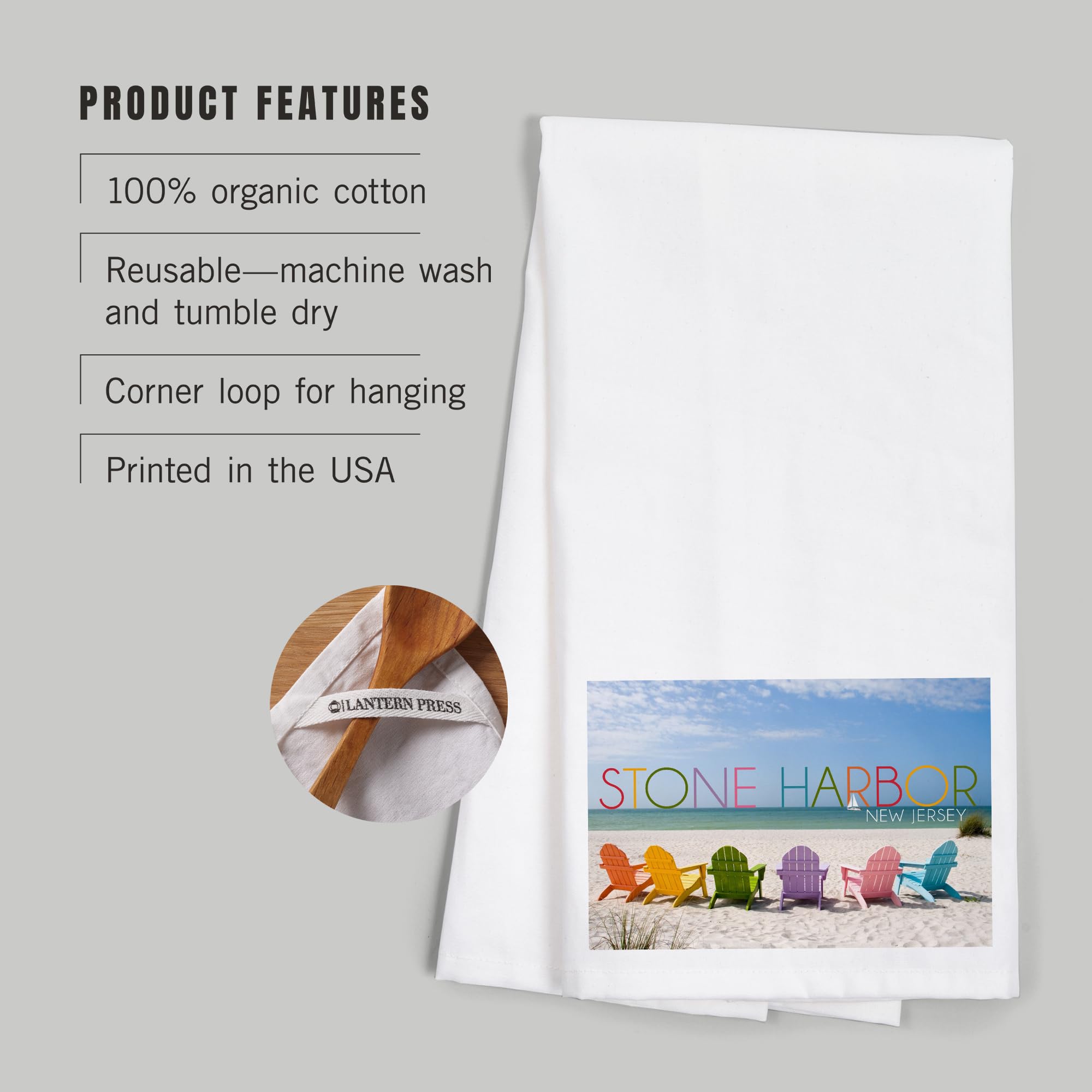 Lantern Press Stone Harbor New Jersey Beach Chairs 100% Cotton Tea Towel - Decorative Hand Towel for Kitchen, Bathroom & Home Decor - Perfect for Beach House, Coastal Decor and Gift Giving