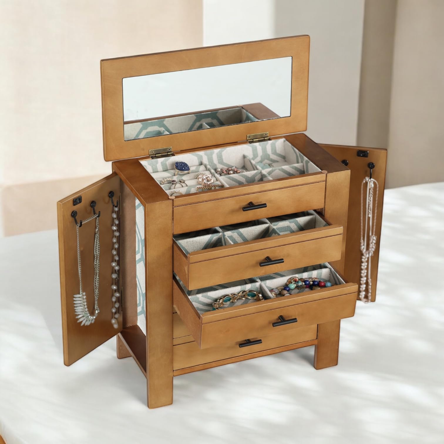Emma Elegant Jewelry Organizer - 4-Drawer Wooden Chest with Necklace Hooks & 2 Doors - Stylish Dresser-Top Storage Box for Necklaces, Rings & Accessories - Pine Wood Jewelry Box for Bedroom Vanity & Gift Giving