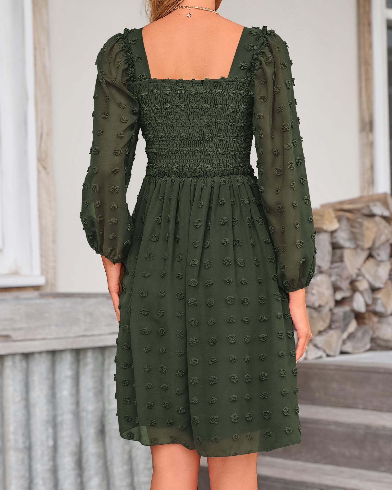 BTFBM Women's Floral Swiss Dot Smocked Mini Dress - Square Neck Long Sleeve Boho Wedding Guest Dress for Spring Summer 2025 | Perfect for Garden Parties, Bridal Showers & Date Nights