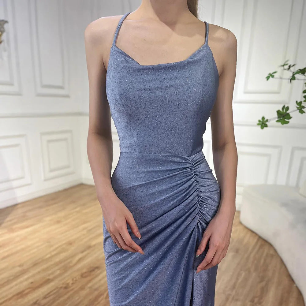 Elegant Dubai Saudi Arabic Blue Spaghetti Strap Mermaid Evening Gown with High Slit - Formal Dress for Prom, Wedding, Gala & Special Occasions