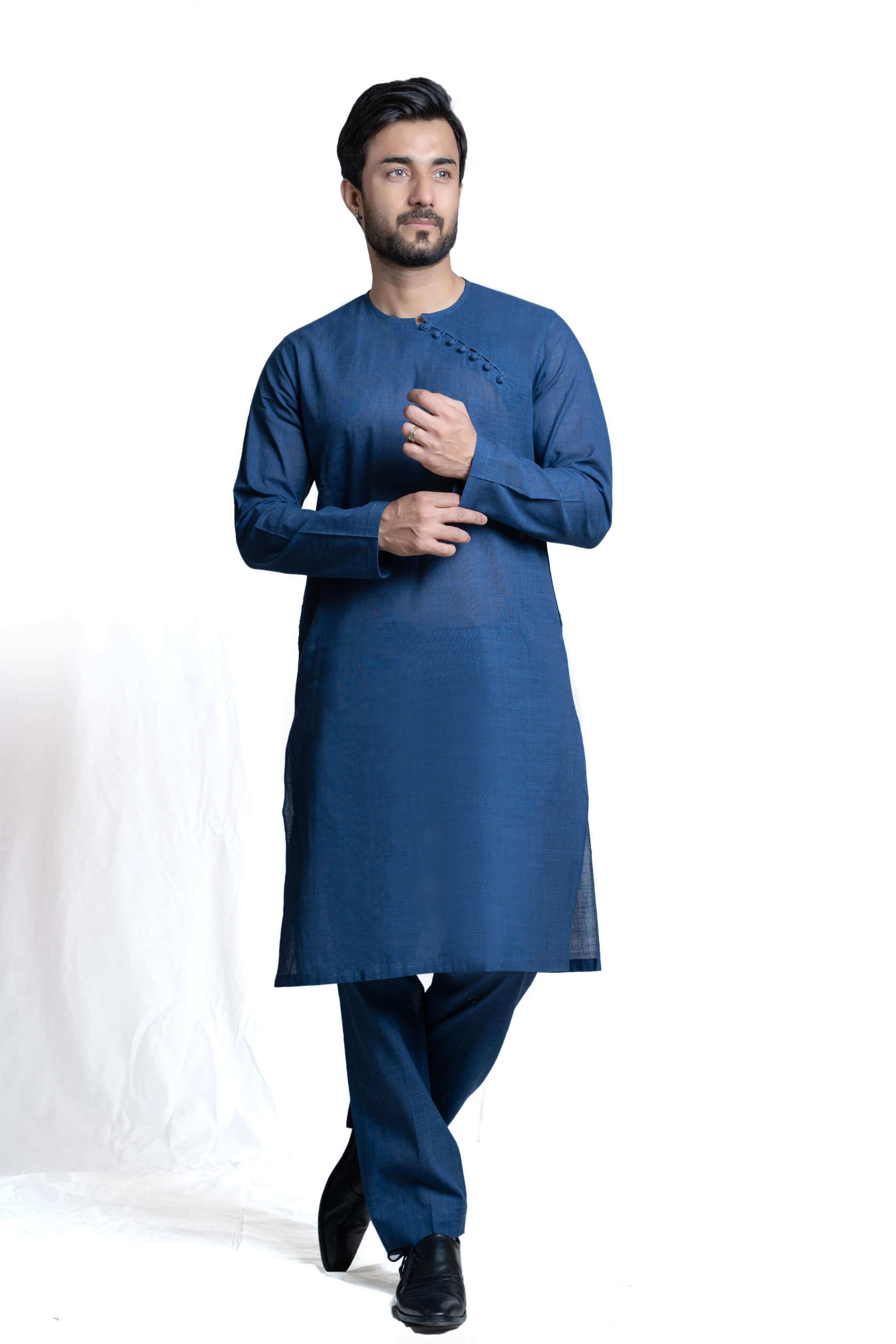 Handwoven Pure Cotton Side Slit Blue Kurta Pajama Set for Men - Comfortable Traditional Indian Ethnic Wear for Festivals, Weddings & Casual Outings