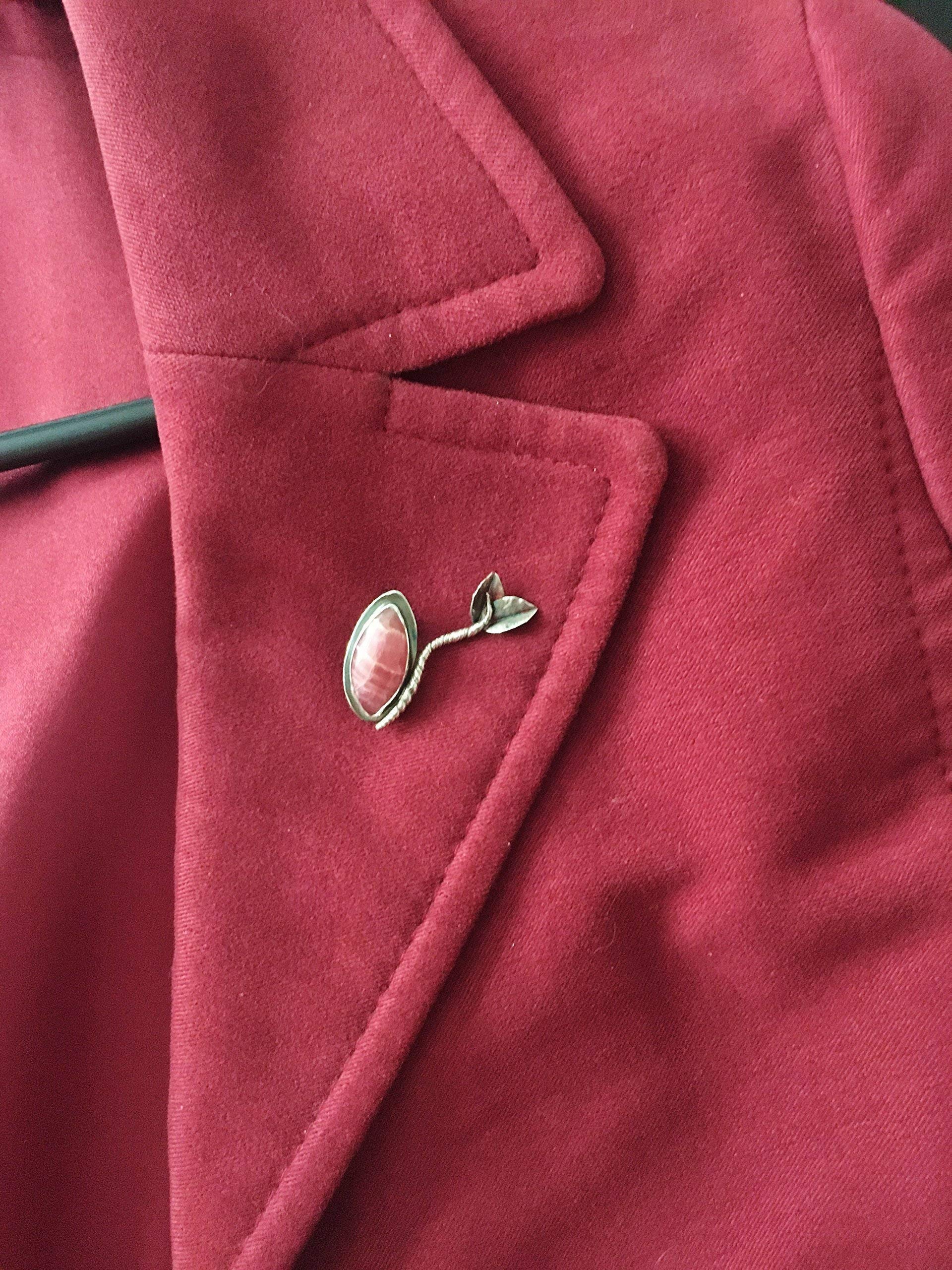 Pink Rhodochrosite Gemstone Sterling Silver Brooch Pin with Handforged Leaves - Elegant Jewelry for Women, Perfect for Weddings, Parties & Special Occasions