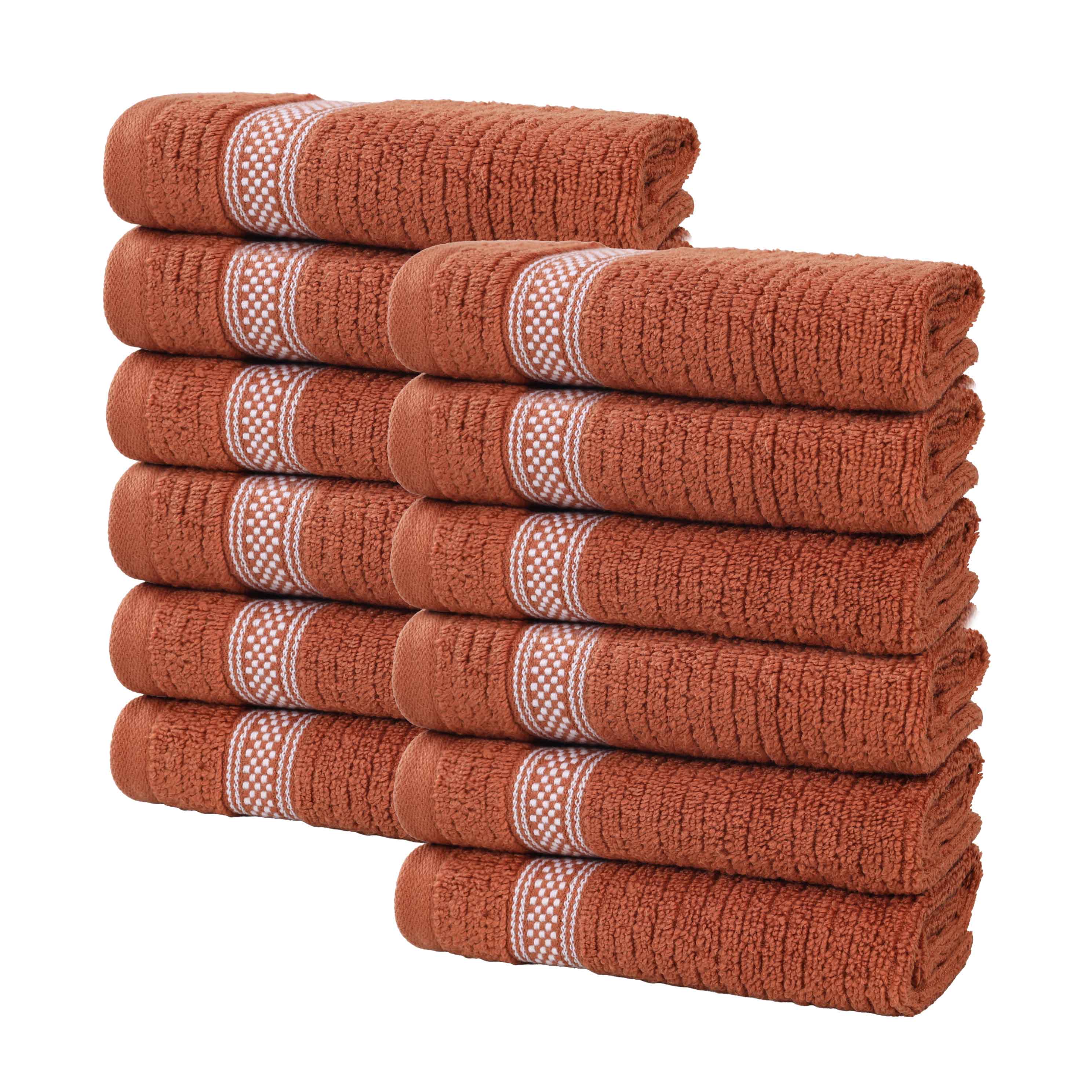 12-Pack Zero Twist Cotton Ribbed Geometric Border Plush Face Towels | Ultra Soft Bath & Hand Towels for Spa, Gym, Travel & Home Use