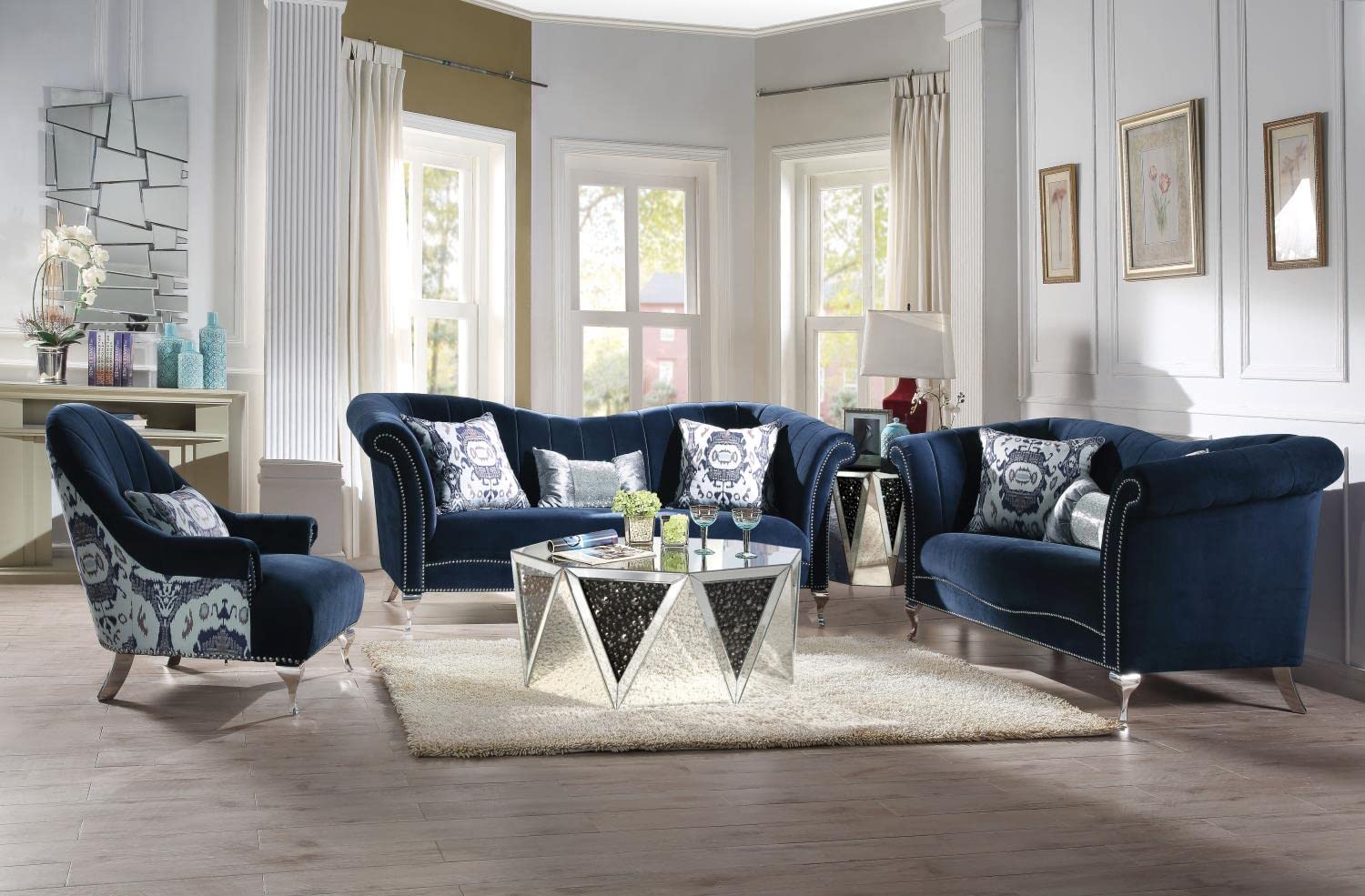 Blue Velvet Sofa with Pillows - Cozy Living Room Furniture