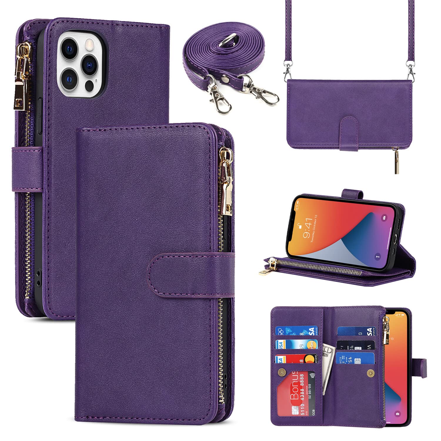 Premium Leather Magnetic Wallet Case for iPhone 12 Pro Max - Slim Protective Cover with Card Holder & Adjustable Strap Stand (Purple) | Perfect for Work, Travel & Everyday Use