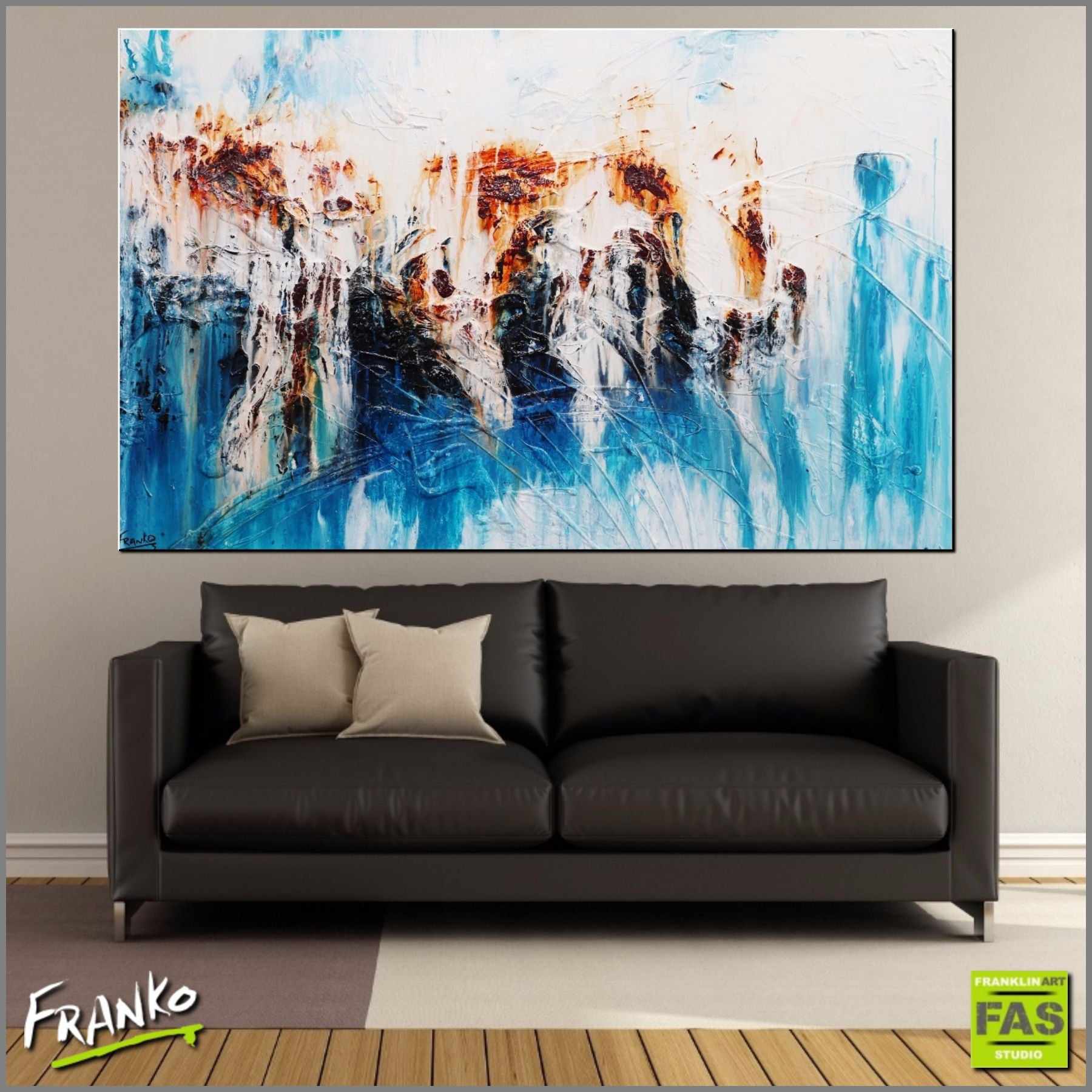 Abstract Blue Rust Wall Art - Modern Home Decor for Living Room, Bedroom & Office - Unique Handmade Painting for Rustic & Industrial Style Interiors