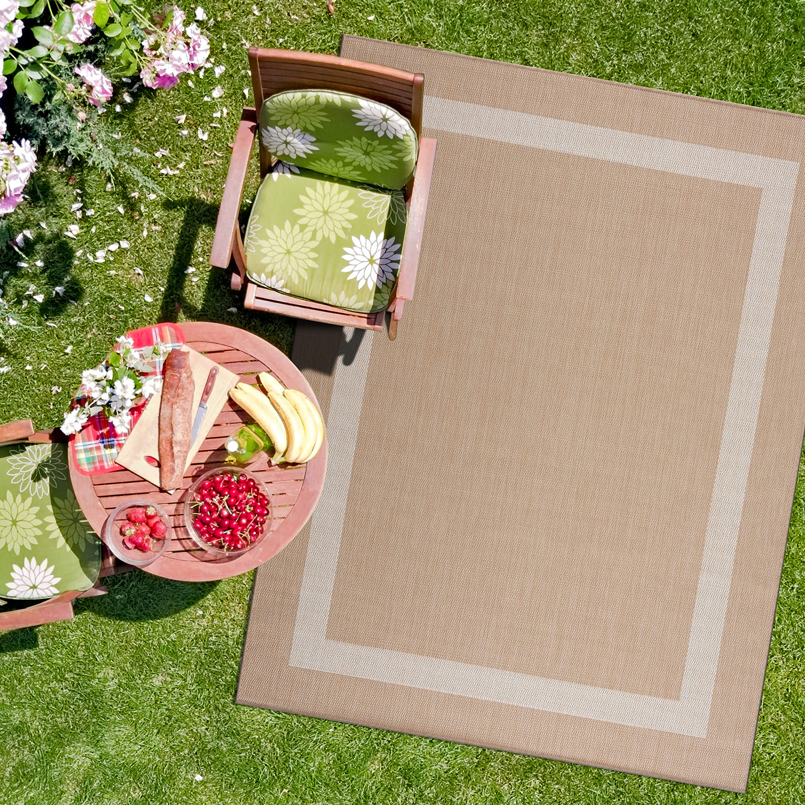 CAMILSON Modern Outdoor Rug - 8x10 Washable Area Rug for Patio, Deck, Garden - Non-Slip Indoor Outdoor Carpet for Kitchen, Hallway, Balcony - Beige/White Bordered Design (Perfect for BBQs, Poolside & Entertaining)