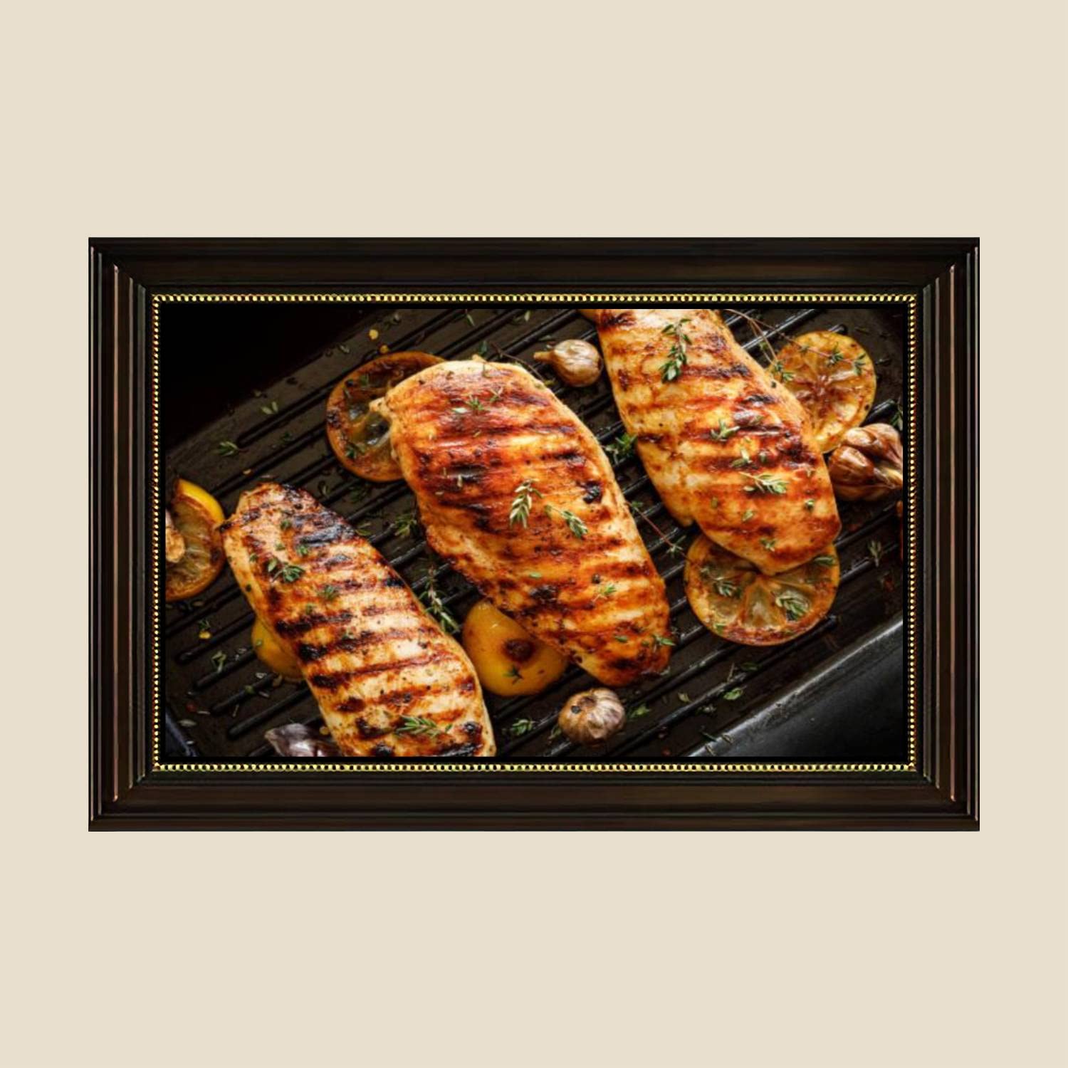 Grilled Chicken Breasts with Thyme & Garlic - Lemon Slices on Grill Pan Canvas Wall Art Print | Retro Kitchen Decor Painting Poster 24x36 Inch | Ready to Hang for Living Room, Bedroom, Diner & Restaurant Decor