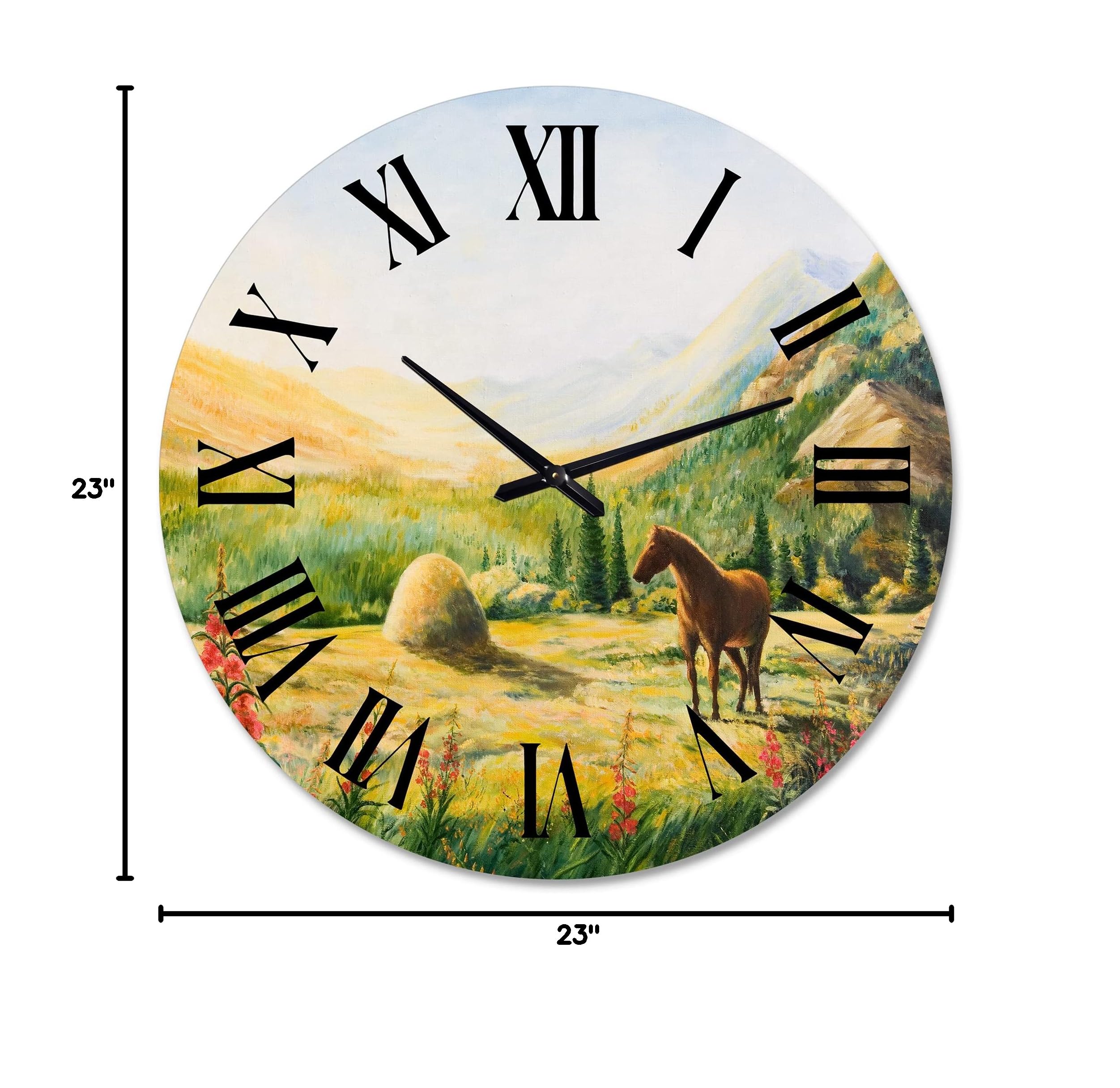 Farmhouse Wall Clock - Large Rustic 'Morning Sun in The Mountains with Horse' Decor for Living Room, Bedroom & Kitchen | Perfect for Country Style Home Decor