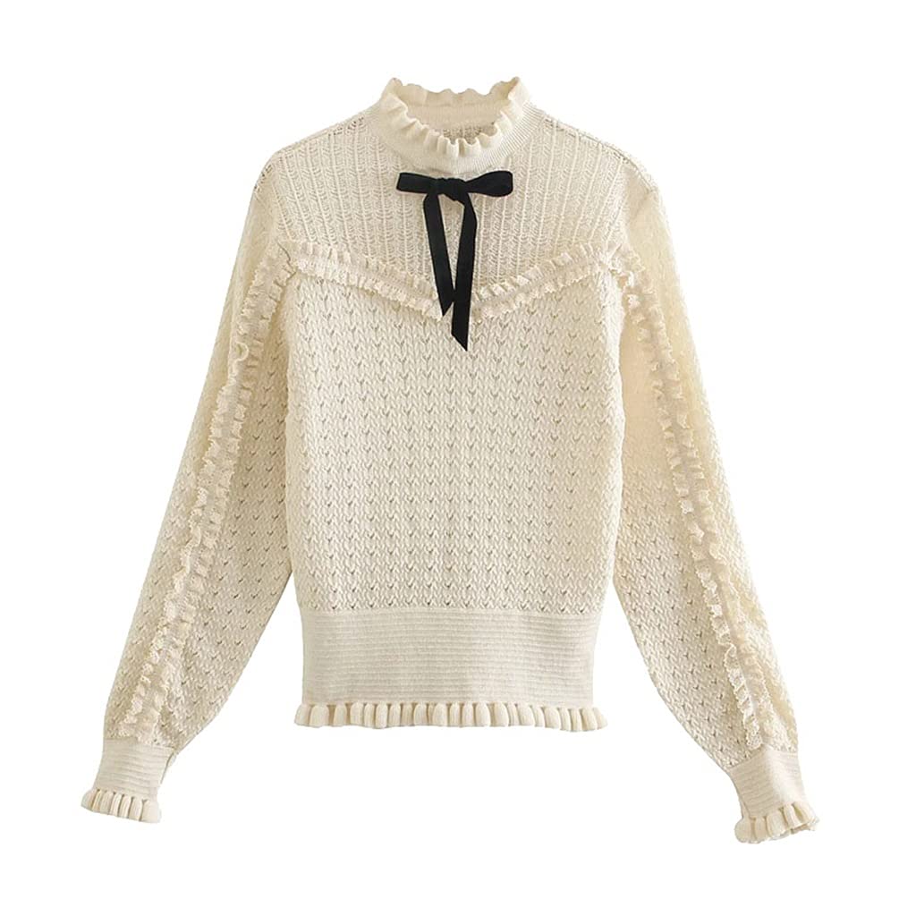 Vintage Knitted Sweater for Women - Bow Ruffled Trim O-Neck Long Sleeve Pullover Chic Top (Color A, Size M) | Perfect for Fall Fashion, Office Wear & Casual Outfits
