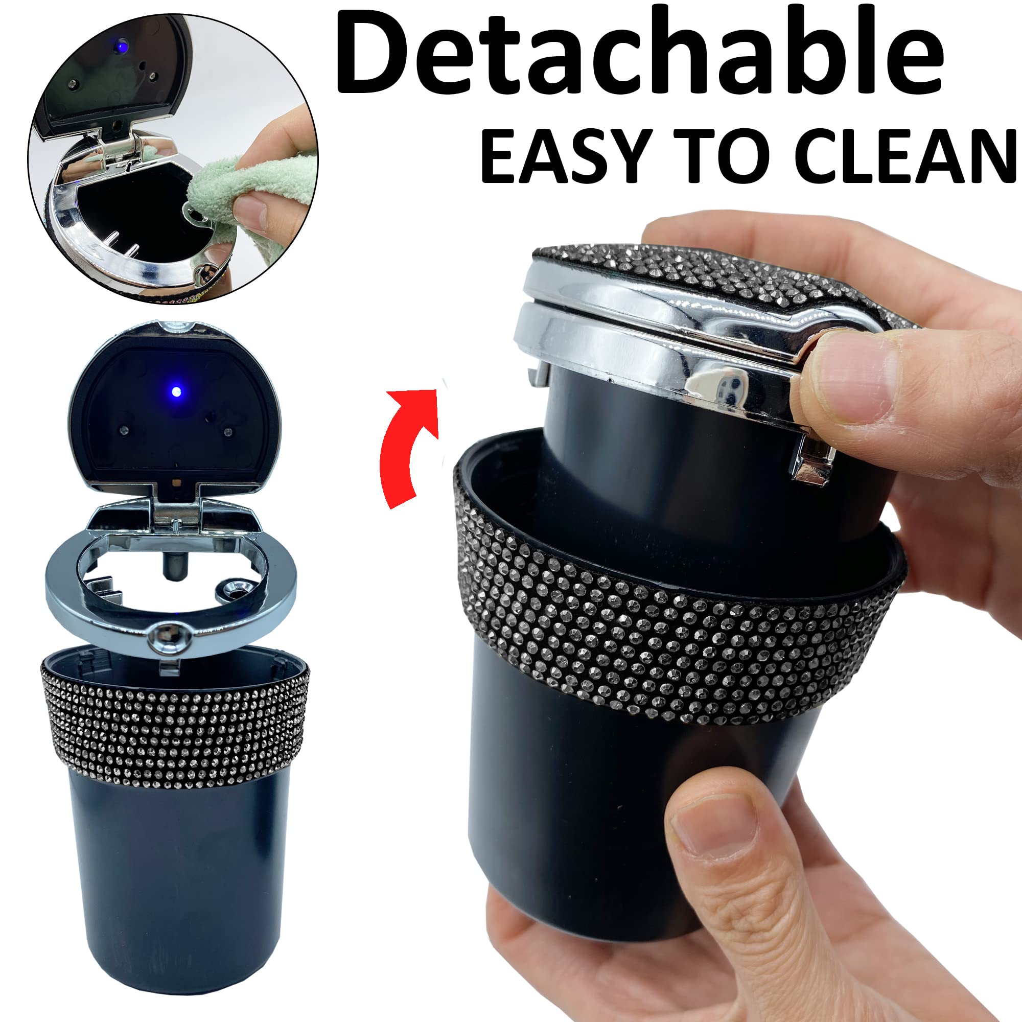 Portable Smell-Proof Crystal Diamond Car Ashtray with Lid & LED Light - Auto Cigarette Ashtray for Women, Car, Home & Office - Bling Pink Car Accessories (Black) | Perfect for Travel, Road Trips & Smoke-Free Spaces
