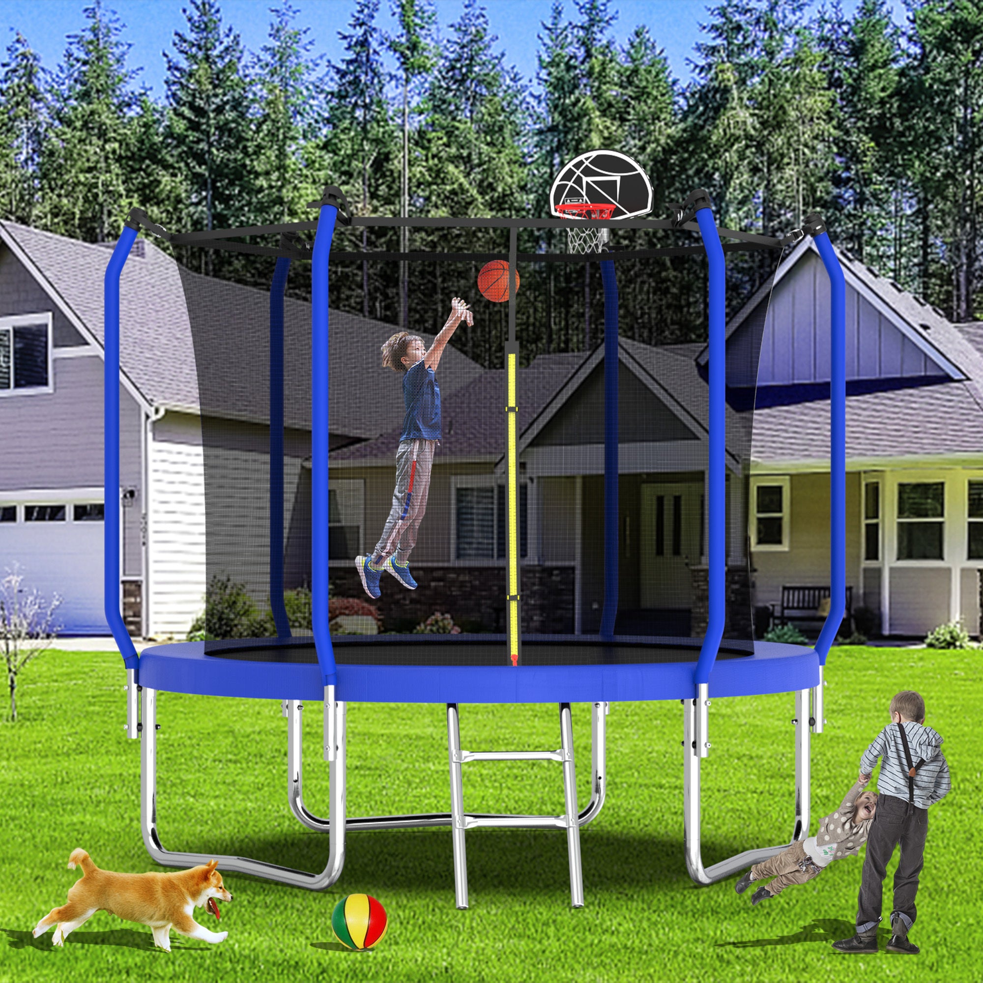 10FT Outdoor Trampoline with Basketball Hoop & Safety Enclosure Net - ASTM Approved Heavy-Duty Jumping Mat for Kids & Adults - Perfect for Backyard Fun, Exercise & Family Bonding