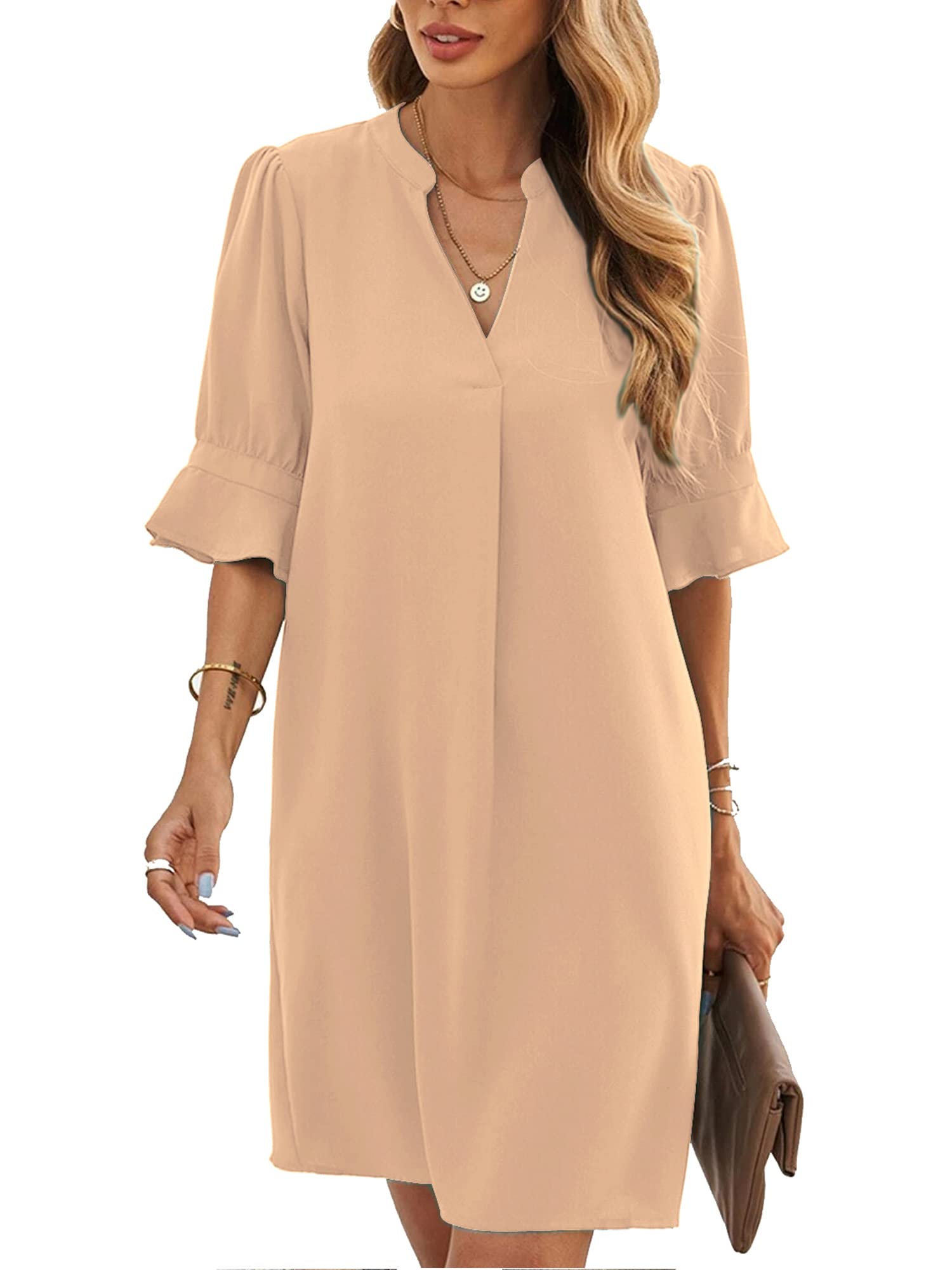Laqeyko Women's 3/4 Sleeve V-Neck Ruffle Shift Dress - Business Casual Work Tunic Shirt Dress for Office, Cocktail Parties & Date Nights