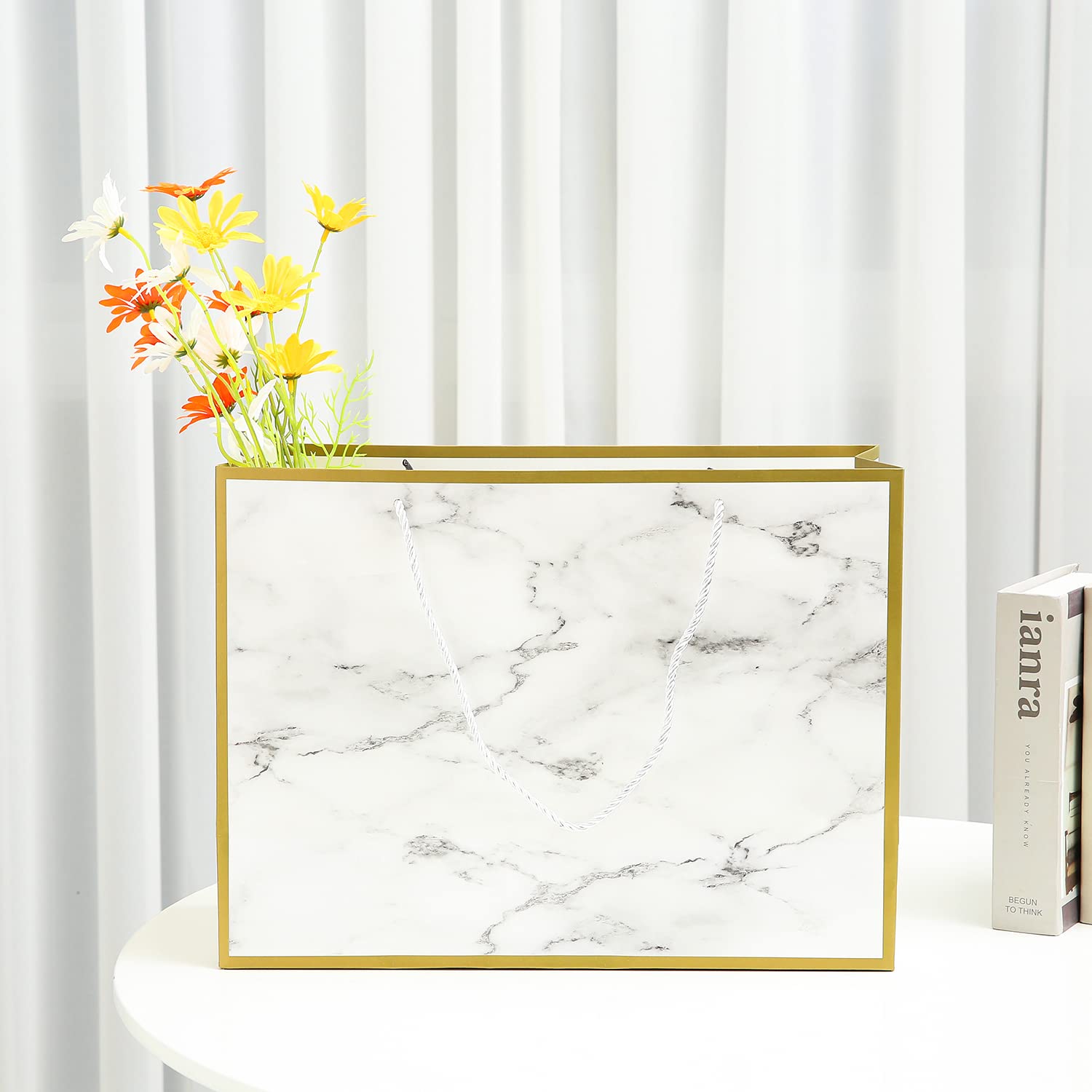 10 Pack Extra Large White Marble Gift Bags 16x6x12 Inches - Bulk Wedding Favor Bags with Handles for Presents, Party Favors & Holiday Gifting