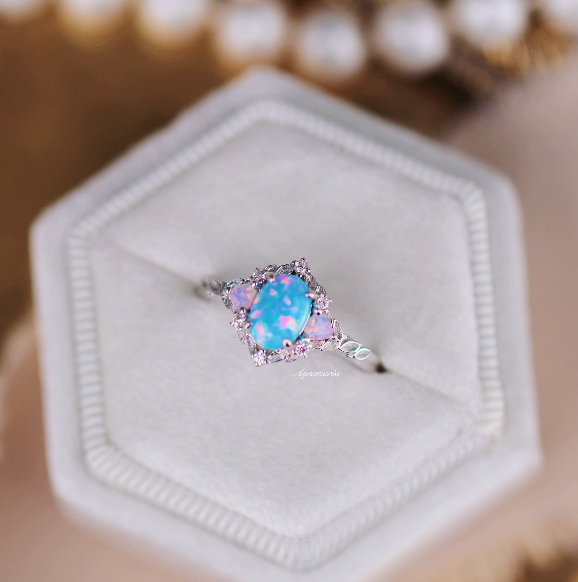 Blue Fire Opal & Opalescent Sapphire Leaf Fairy Ring - 925 Sterling Silver Jewelry for Women - Perfect for Weddings, Parties & Special Occasions
