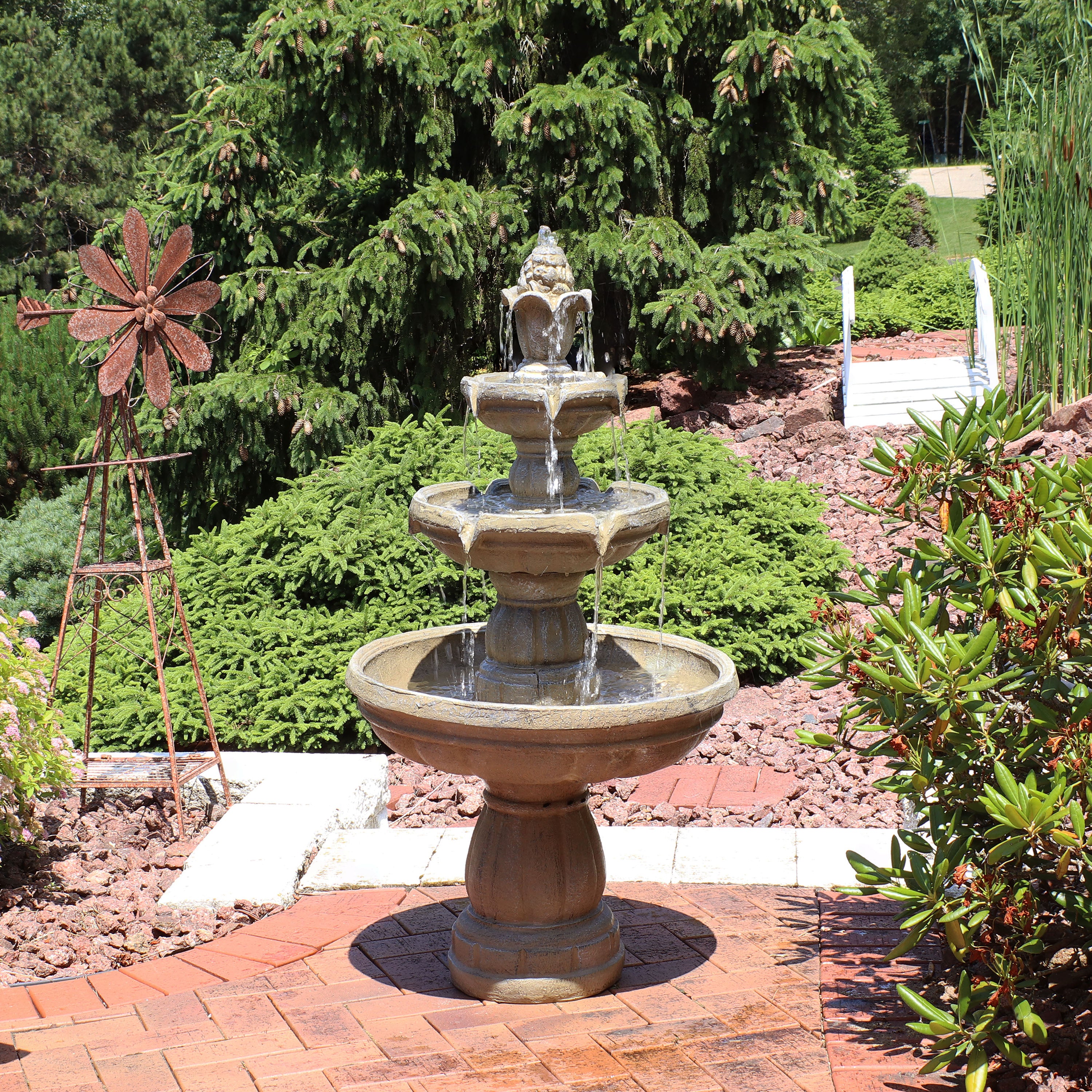 Sunnydaze 3 Tier Outdoor Water Fountain with Pump - 48 Inch Tall Garden Decor for Patio, Yard & Landscape - Relaxing Water Feature for Backyard, Deck, or Porch