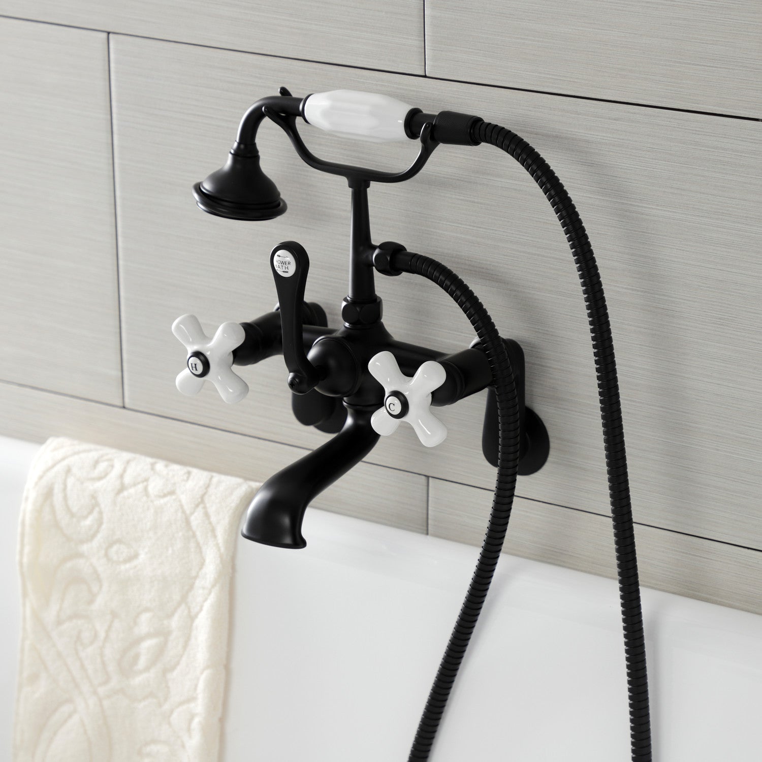 Vintage Matte Black Clawfoot Tub Faucet with Hand Shower - 3 Handle Wall Mount 2 Hole Design for Bathroom & Freestanding Tubs - Perfect for Classic Bathroom Renovations & Spa-Like Showers