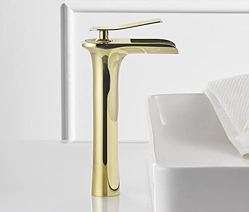 Golden Single Handle Waterfall Bathroom Vessel Sink Faucet - Modern Bathroom Vanity Upgrade for Spa-Like Luxury Experience