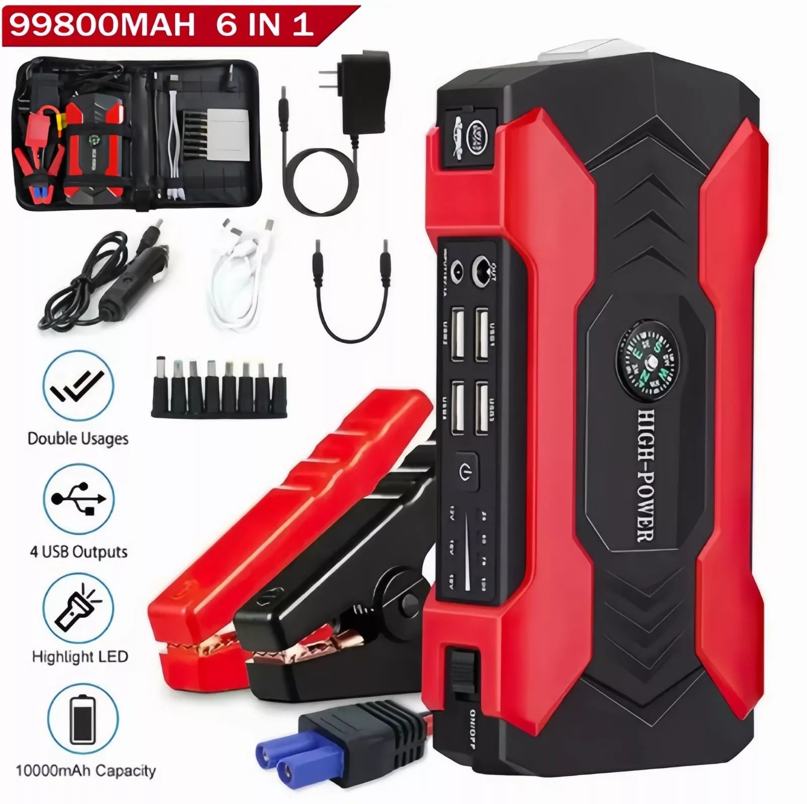 Portable Car Battery Jump Starter - 2000A Peak Power, USB Power Bank, Emergency LED Flashlight - for Dead Battery Jump Start, Camping, Roadside Emergencies & Outdoor Adventures
