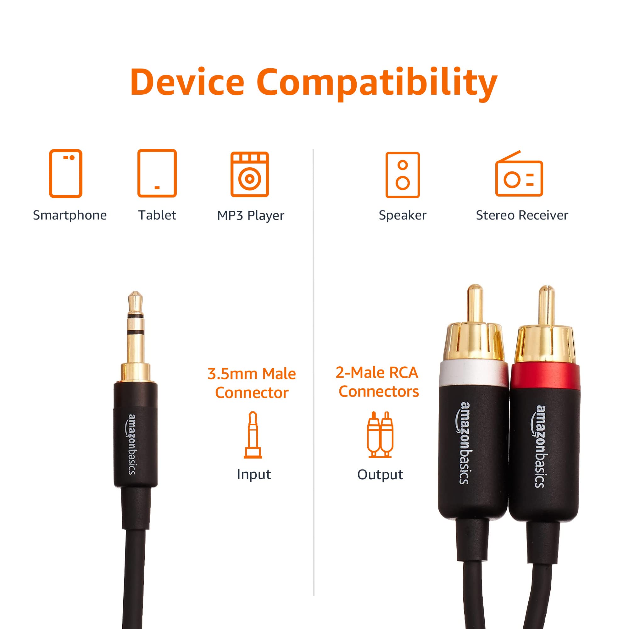 Amazon Basics 2-Male to 2-Male RCA Audio Stereo Subwoofer Cable - 8 Feet & 3.5mm to 2-Male RCA Adapter Cable - High Quality Audio Connection for Home Theater, Sound System, and Car Stereo