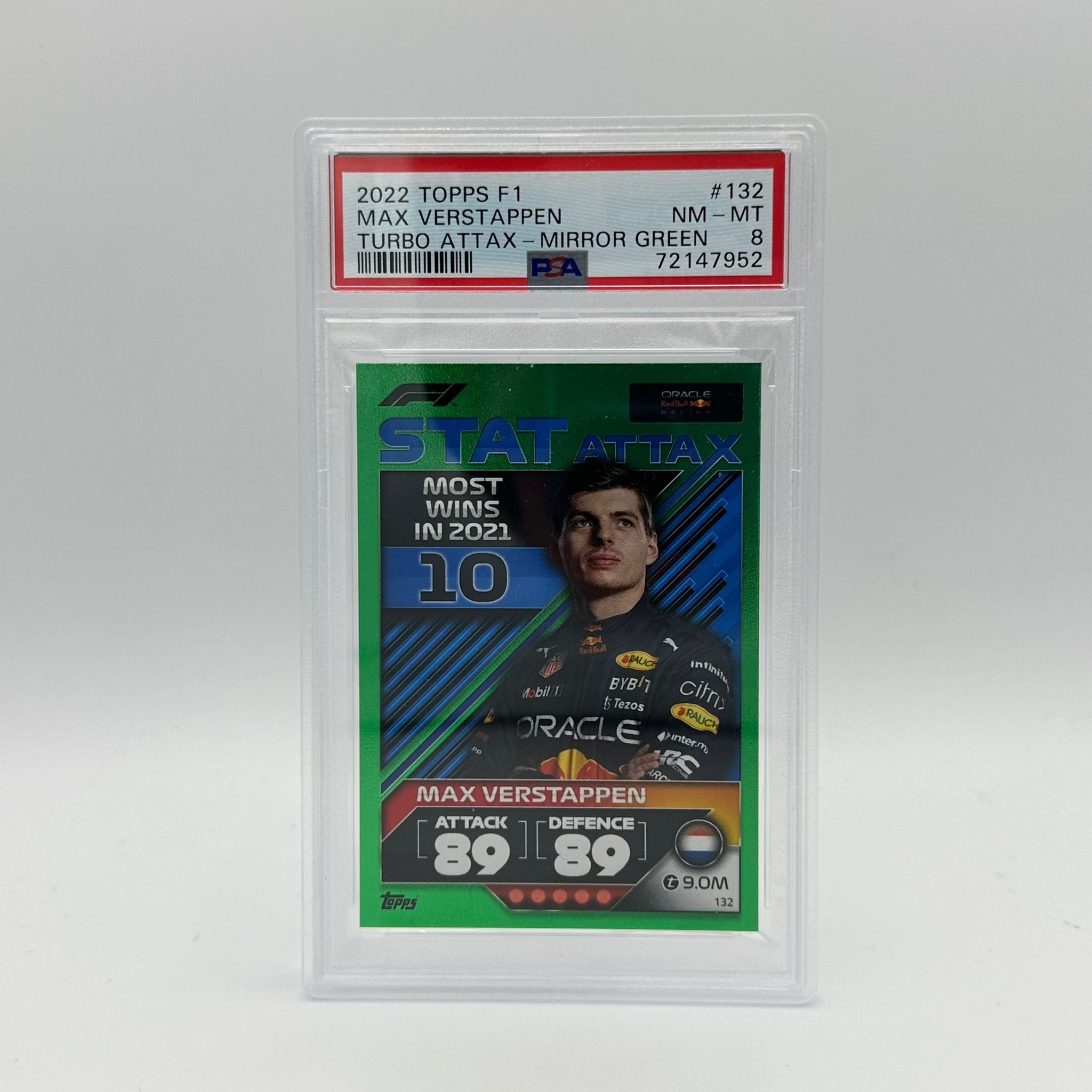 PSA 8 Graded Max Verstappen #132 Stat Attax Mirror Green Trading Card - Perfect for F1 Collectors, Sports Memorabilia Displays & Trading Card Games