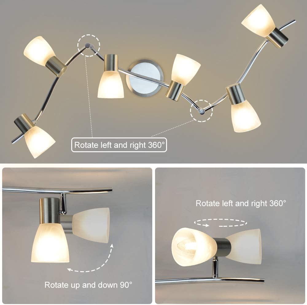DLLT 6-Light Flexible Track Lighting Rail System - Modern Adjustable LED Spot Ceiling Fixture with Glass Shade - Brushed Steel Finish - Perfect for Living Room, Dining Room, Bedroom & Kitchen Lighting
