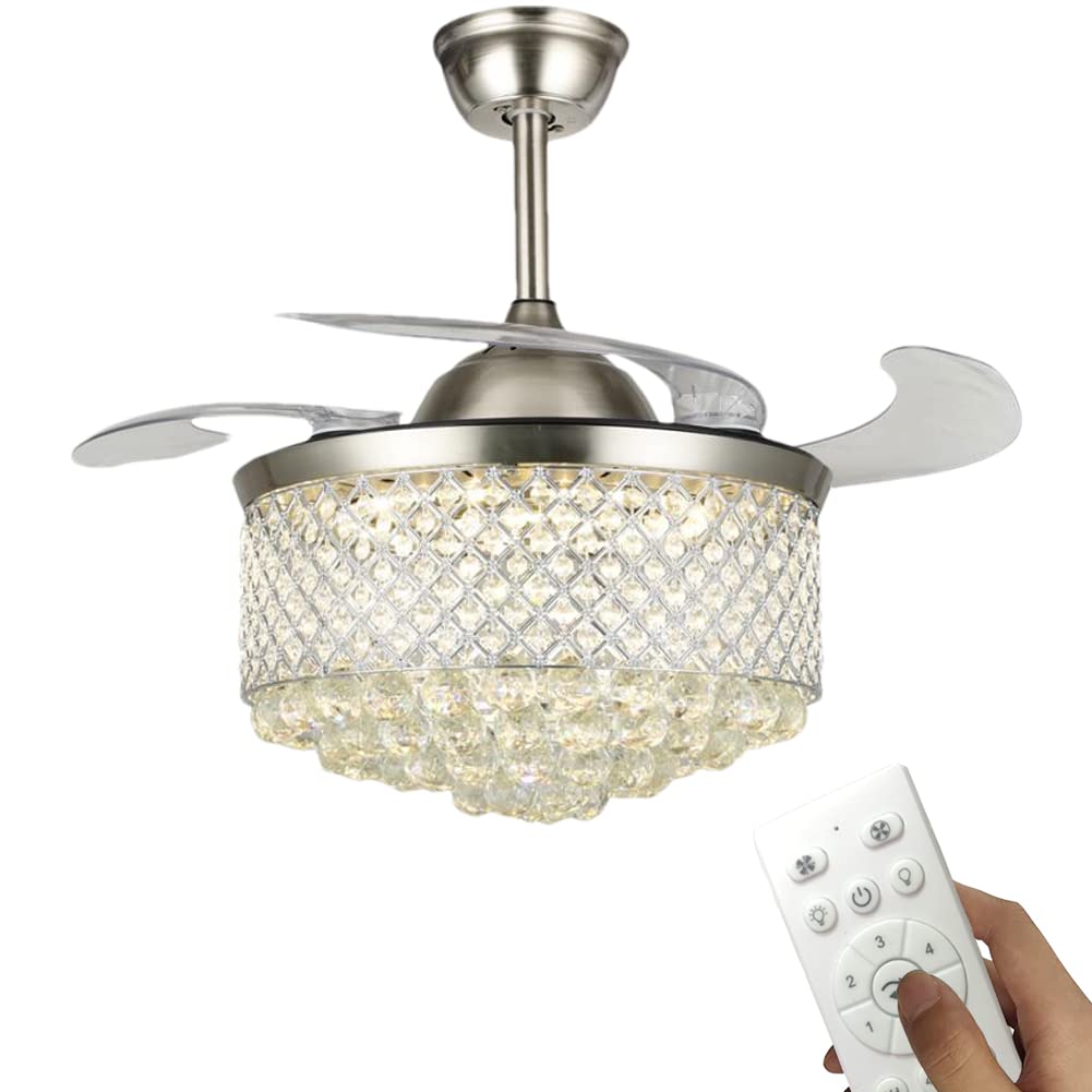 KPIBEST 42 Inch Retractable Ceiling Fan with Remote Control - 6 Speed Settings, 3 Light Levels, Silent Crystal Chandelier Lighting Fixture for Dining Room, Bedroom & Living Room - Modern Home Decor & Air Circulation Solution