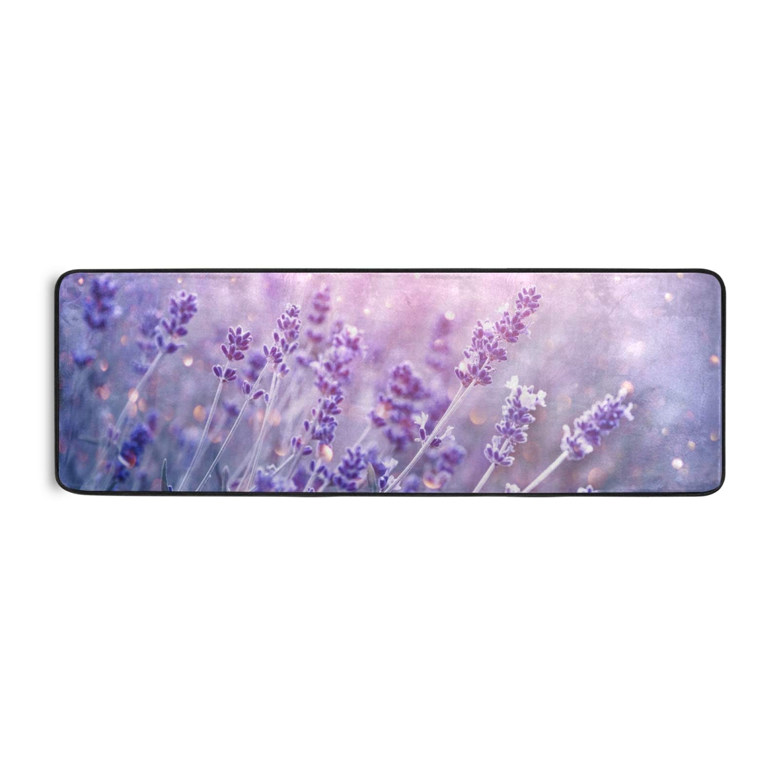 OTVEE Blooming Violet Fragrant Lavender Flowers Rug Runner 2x6 - Non-Slip Rubber Backing for Laundry Room, Kitchen, Hallway, Bathroom & Bedroom - Soft Indoor Floor Mat for Home Decor & Aromatherapy