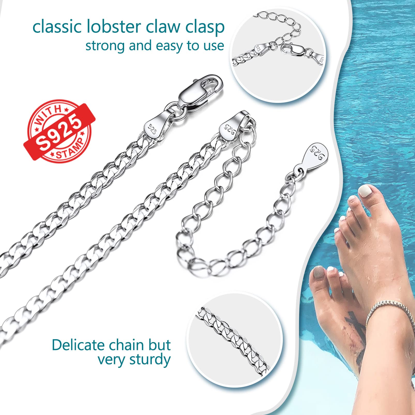 Sterling Silver Ankle Bracelets for Women - Adjustable 8.6-10.6