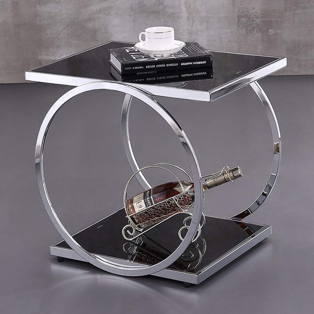 Zhirong 2-Tier Square Side Table with Tempered Glass - Silver Modern Coffee Table, Telephone Table, Corner Table for Living Room, Bedroom & Office - Perfect for Holding Drinks, Books & Decor