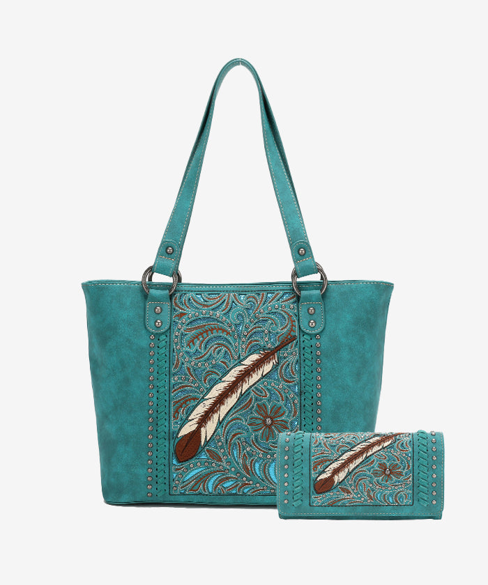 Montana West Embroidered Feather Concealed Carry Tote Set - Stylish CCW Purse with Hidden Gun Pocket for Women | Perfect for Everyday Carry, Travel & Self-Protection