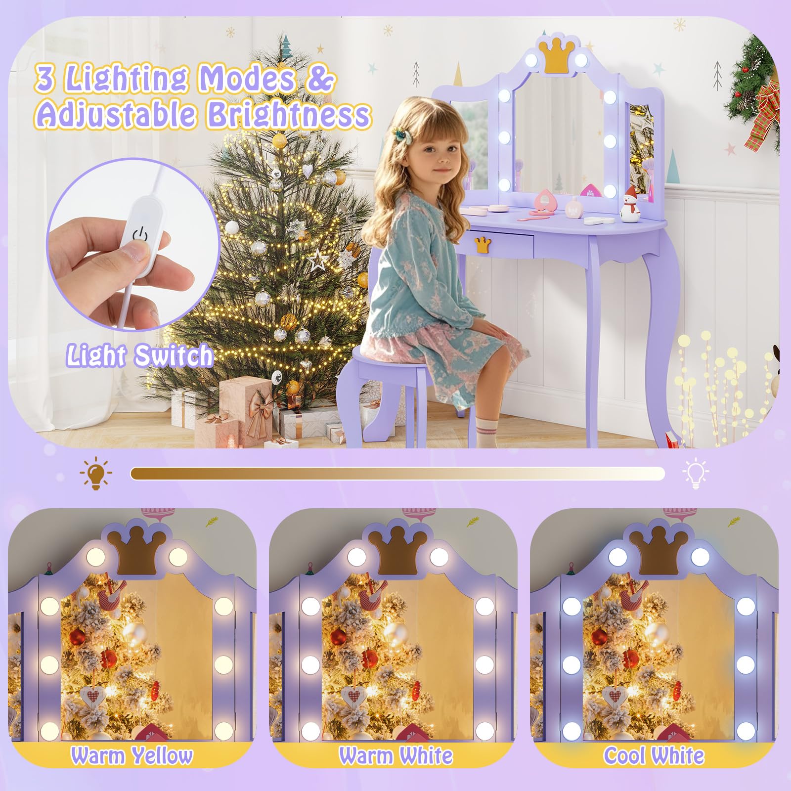 GLACER Girls Vanity Set with Mirror, Stool & LED Lights - 2-in-1 Wooden Princess Makeup Vanity Desk with 3 Lighting Modes, Storage Drawer & Adjustable Chair - Kids Vanity Table Set for Bedroom (Violet) - Perfect for Birthday Gifts, Playroom Decor & Pretend Play