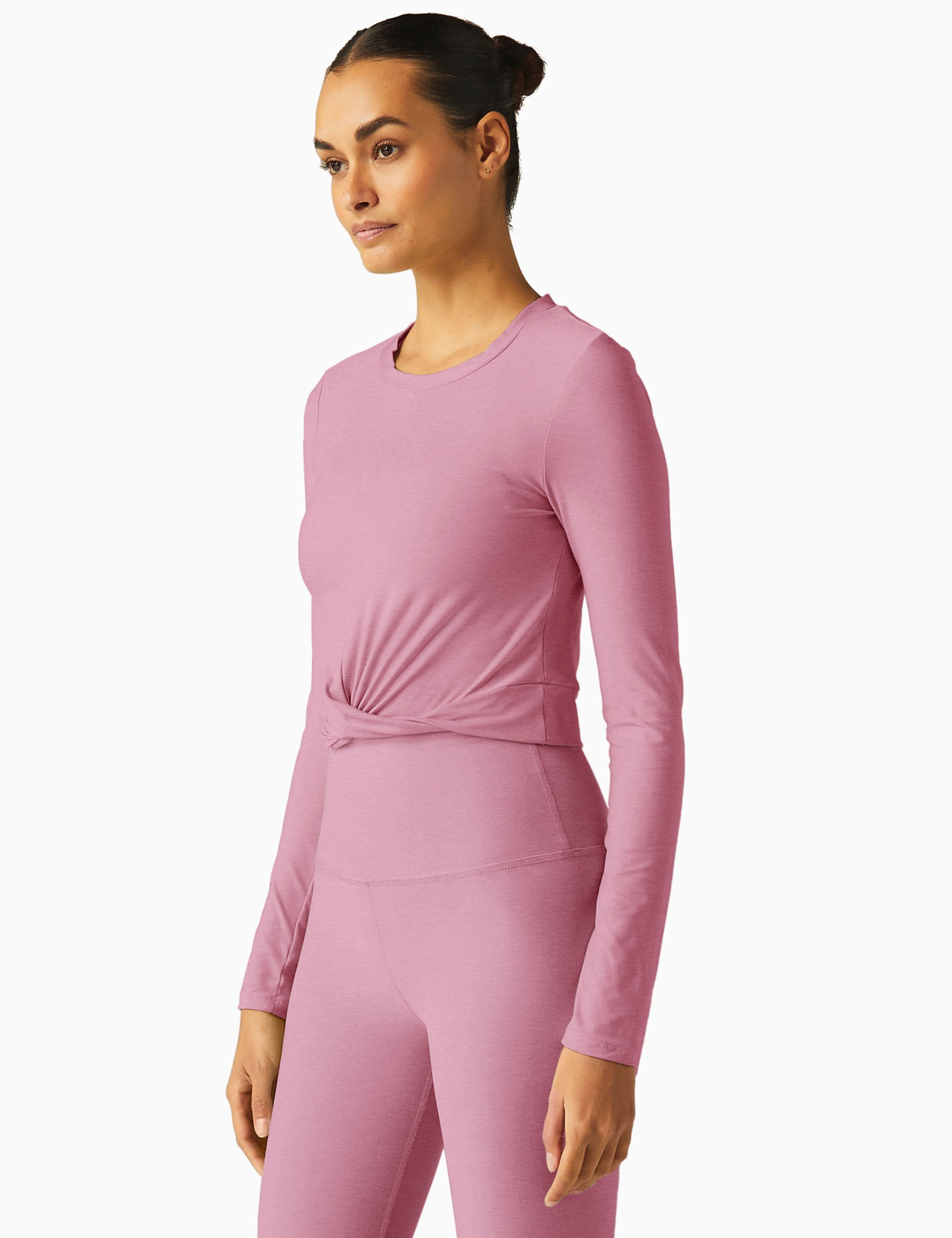 Featherweight Center Stage Cropped Long Sleeve Pullover Sweatshirt - Pink Haze Heather | Women's Casual Loungewear for Yoga, Workouts & Everyday Comfort