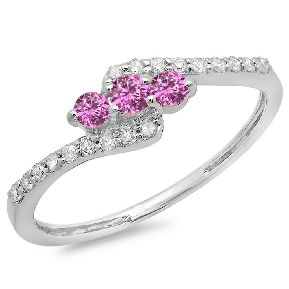 14K Solid Gold Pink Sapphire & White Diamond Swirl Engagement Ring for Women - 3 Stone Bridal Wedding Ring Set - Perfect for Proposals, Anniversaries and Special Occasions
