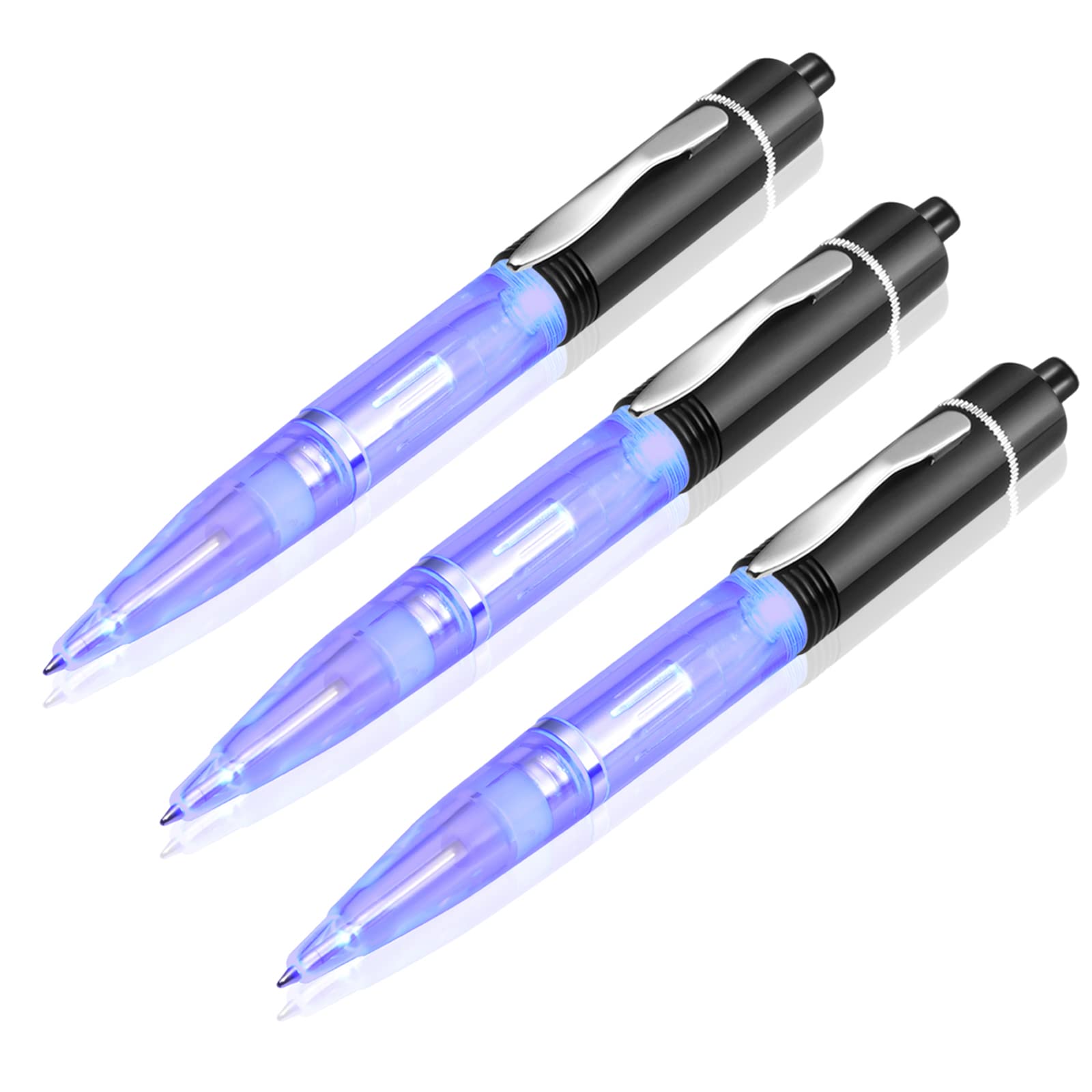 Glovion LED Light Pen - Blue Light with Black Shell - 3 Pack Ballpoint Pens for Nighttime Writing, Reading, and Emergency Use