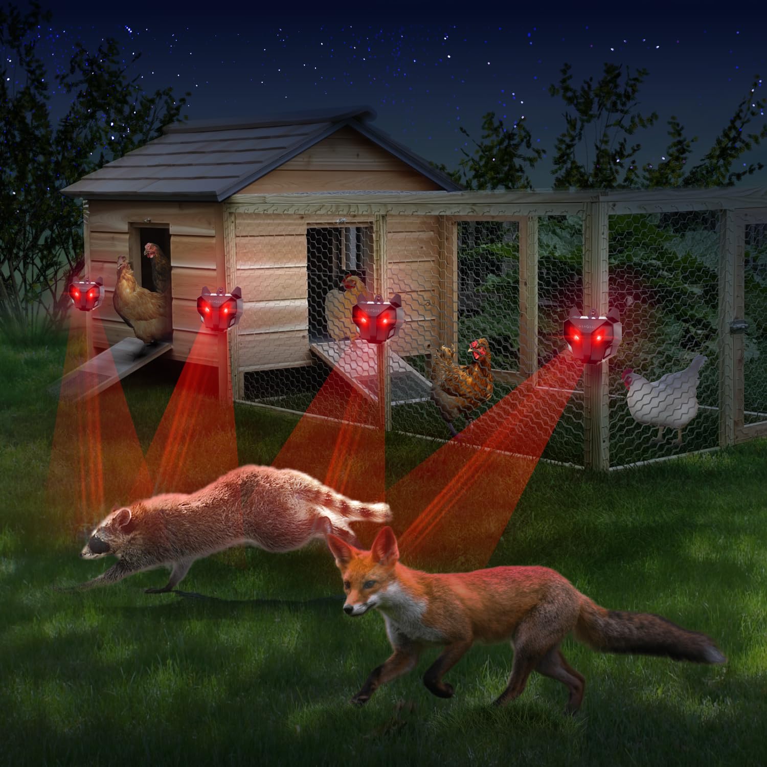Solar Nocturnal Animal Repeller 4 Pack - Powerful Outdoor Pest Control for Coyotes, Deer, Foxes, Raccoons & Skunks - Waterproof Predator Deterrent Lights for Chicken Coops, Farms, Yards & Gardens - Protect Your Livestock & Crops from Wild Animals