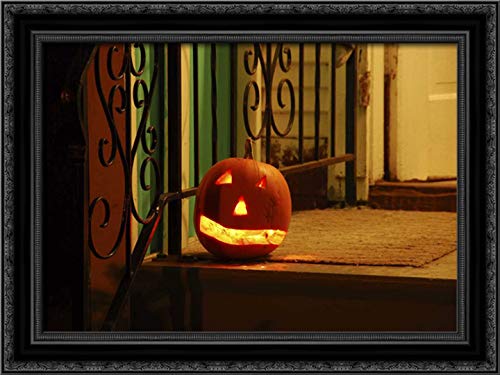 Steve Terrill 40x28 Black Ornate Framed Canvas Art Print - Portland OR Jack-o-Lantern Porch Scene | Halloween Home Decor, Living Room Wall Art, Spooky Holiday Gift