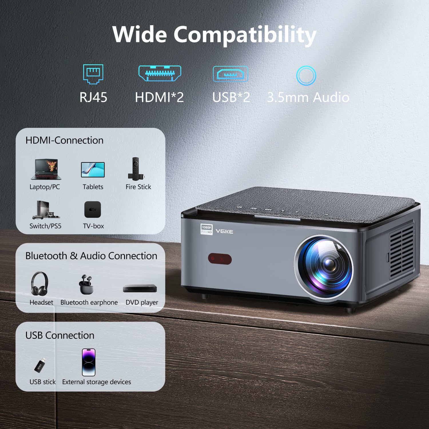 VGKE Smart 4K Android TV Projector with WiFi & Bluetooth - 800 ANSI Lumens, Native 1080P, Electric Focus & Keystone - Home Theater Projector for iPhone, Fire TV Stick, HDMI, USB - Perfect for Outdoor Movies, Gaming & Presentations