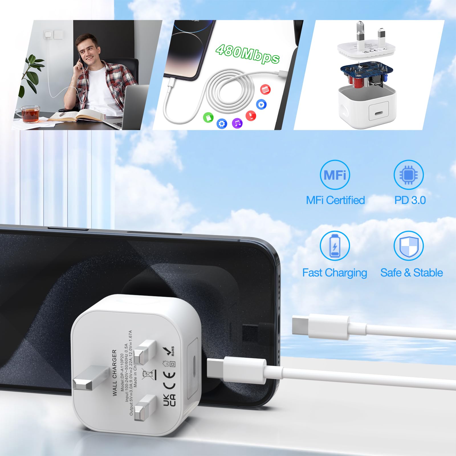 MFi Certified 20W PD USB C Fast Charger & 6FT Cable for iPhone 15/16 Series, iPad Pro/Air/Mini - UK Power Adapter (2-Pack) | Perfect for Home, Office & Travel Charging