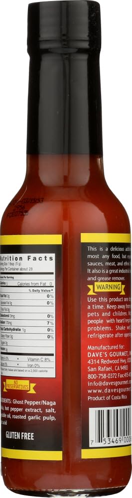 Dave's Gourmet Ghost Pepper Jolokia Hot Sauce - Ultra Spicy & Flavorful - Perfect for Tacos, Wings & BBQ - 5oz Bottle (Pack of 1) - Ideal for Heat Lovers & Gourmet Cooking