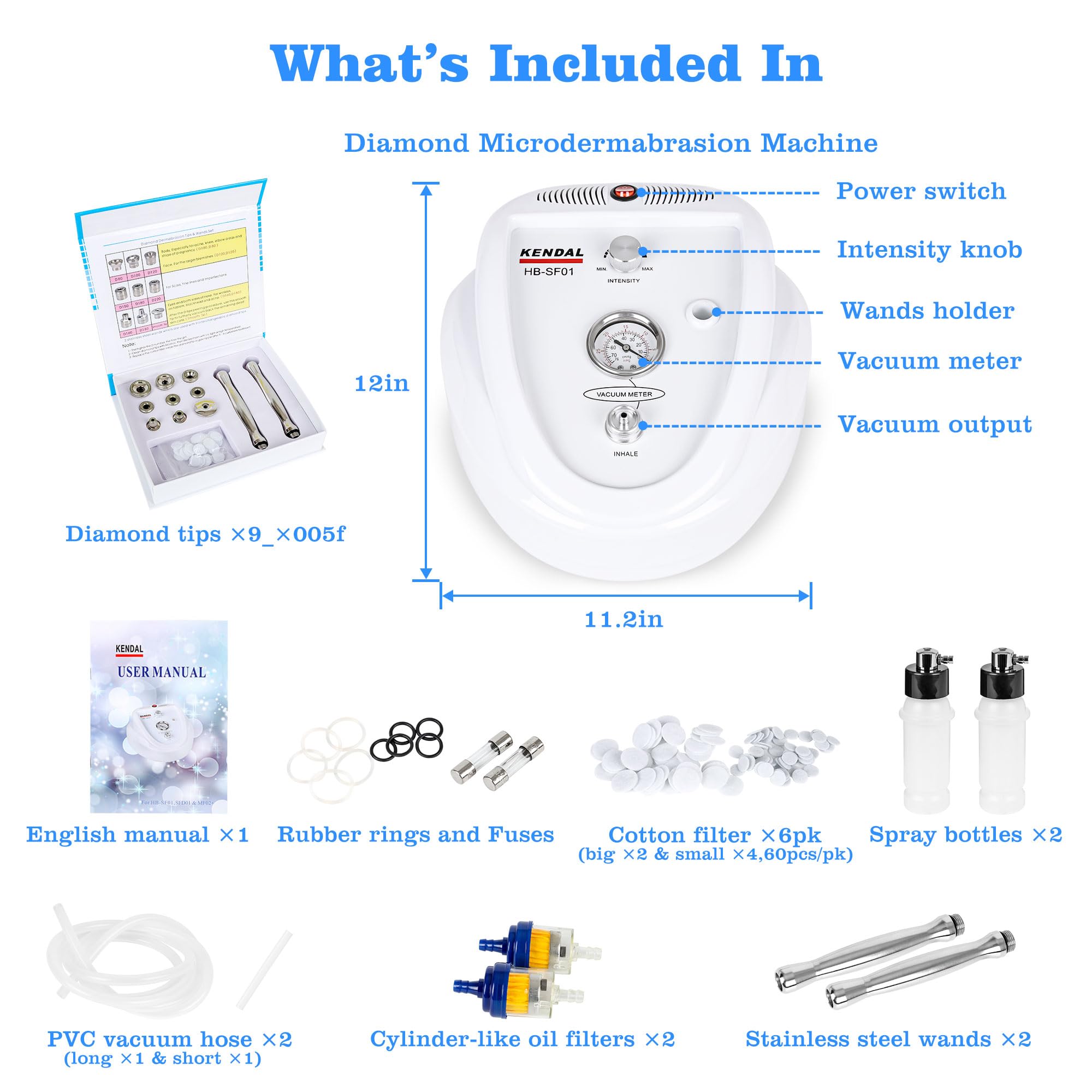 Professional Diamond Microdermabrasion Machine for Face - Kendal Dermabrasion Device with Vacuum Blackhead Removal & Hydrating Spray - Esthetician Supplies & Home Skin Care - Perfect for Acne Treatment, Anti-Aging & Glowing Skin