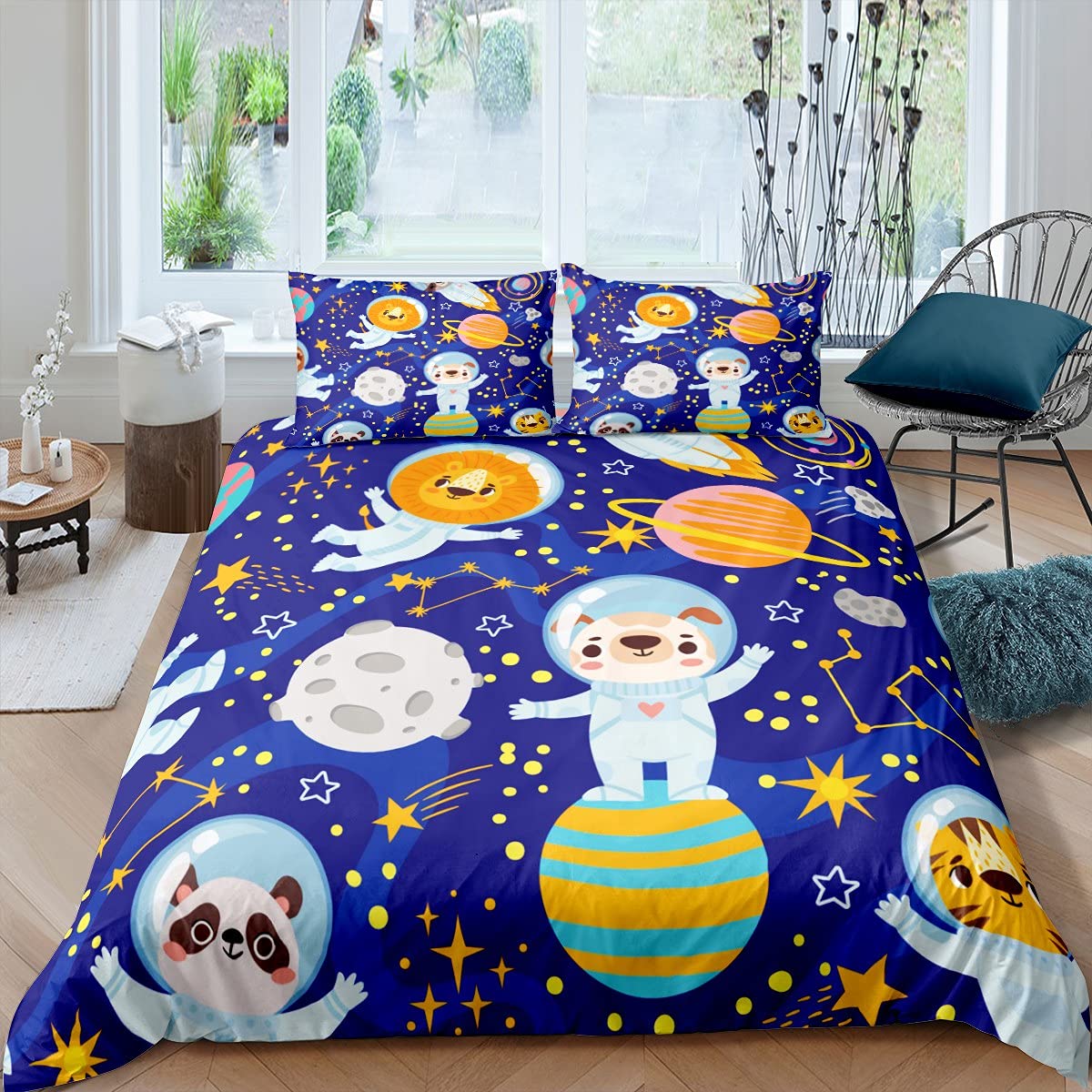 Outer Space Bedding Set Twin Size - Cartoon Animal Astronaut Duvet Cover with Planets & Rockets, 2-Piece Kids Bed Comforter Set for Boys & Girls | Perfect for Space-Themed Bedrooms, Sleepovers & Cosmic Adventures