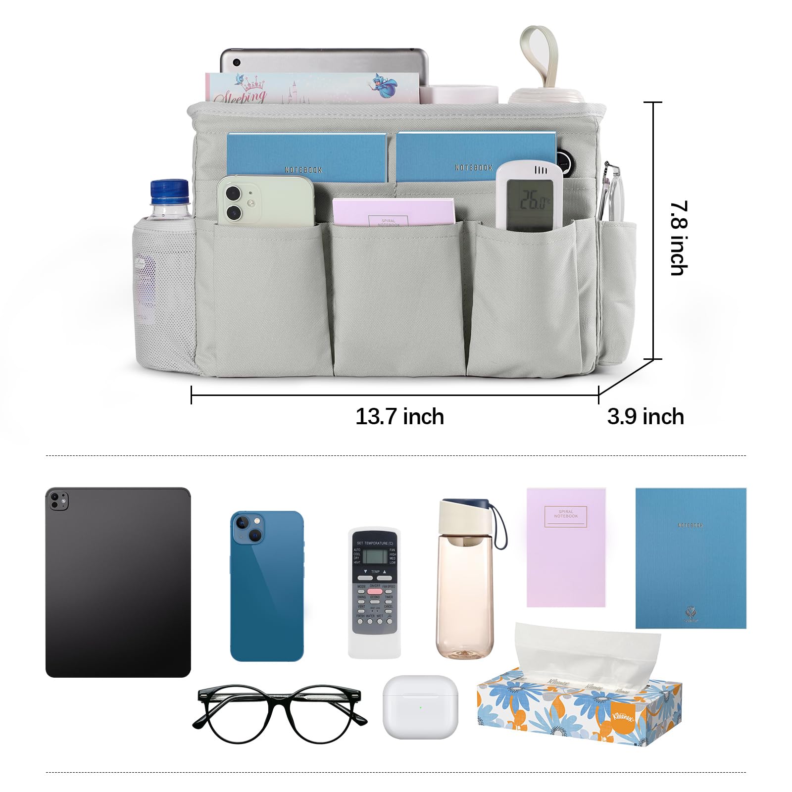 WOMACO Adjustable Bedside Storage Organizer - Light Mica Gray Hanging Basket for Bunk Beds, Loft Beds & College Dorms - Perfect for Books, Phones & Essentials - Medium Size CTB003 - Ideal for Dorm Rooms, Hospitals & Small Spaces