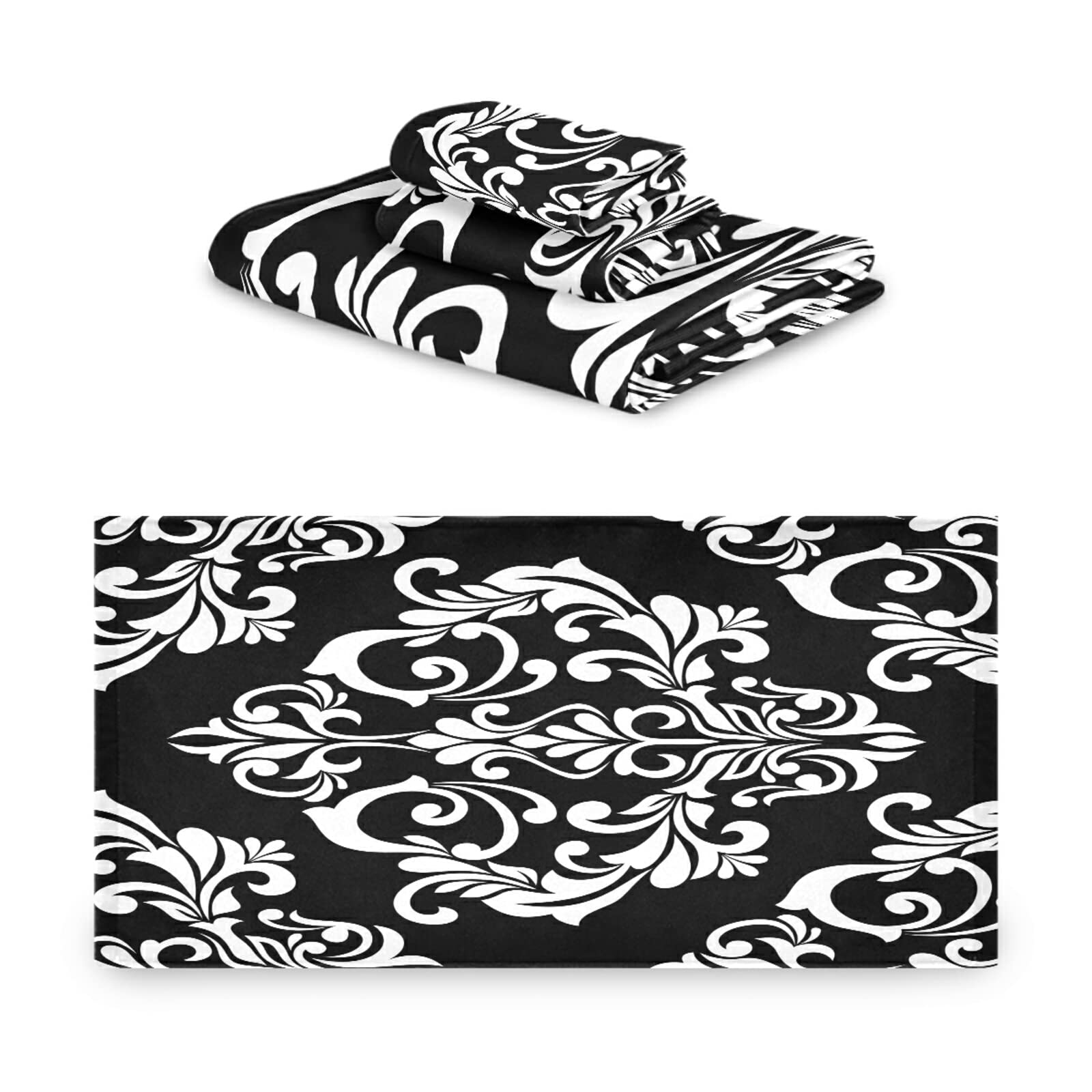 Luxury Black Damask Baroque Floral Bath Towels - Ultra Soft & Highly Absorbent - Set of 3 for Home, Hotel & Spa - Perfect for Bathroom Decor, Guest Towels & Luxury Bath Experience