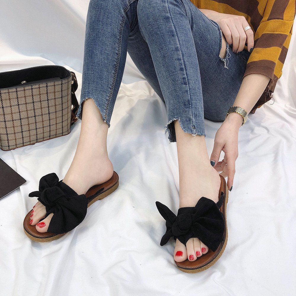 Women's Flat Slide Sandals with Cork Sole & Cute Knot Bow - Comfortable Canvas Summer Sandals for Beach, Pool, and Casual Outings