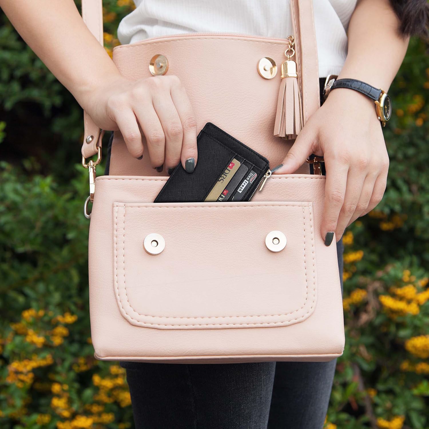Slim Front Pocket Wallet for Women - RFID Blocking Credit Card Holder with Keychain | Minimalist Card Case for Everyday Use, Travel & Shopping